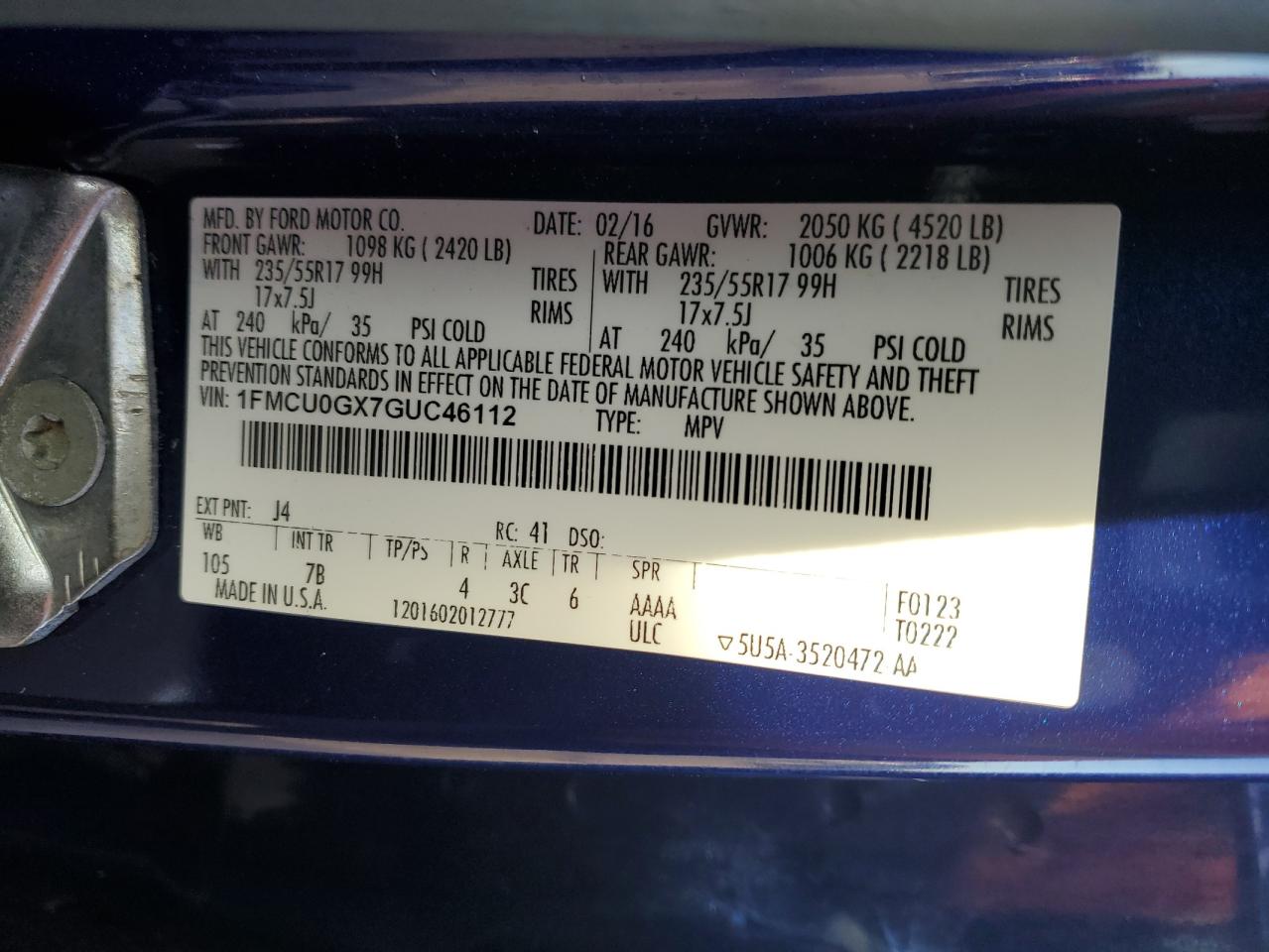 2016 Ford Escape Se VIN: 1FMCU0GX7GUC46112 Lot: 89856675