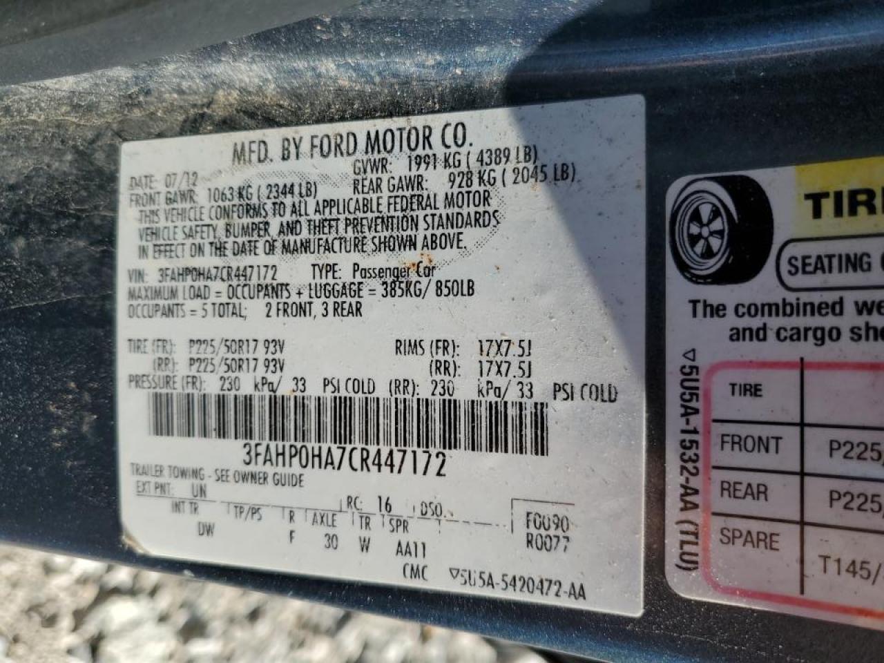 2012 Ford Fusion VIN: 3FAHP0HA7CR447172 Lot: 82344325