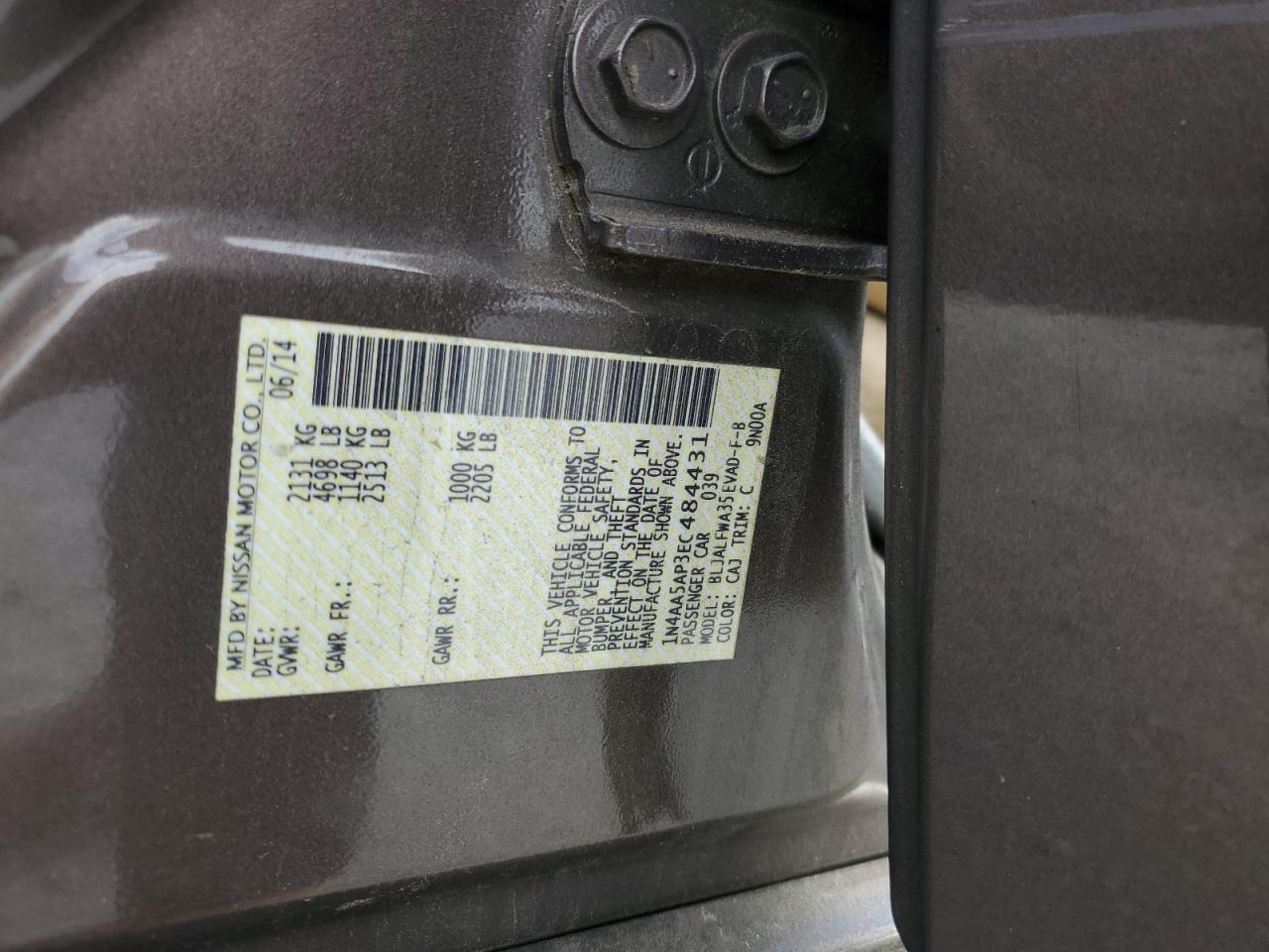 2014 Nissan Maxima S VIN: 1N4AA5AP3EC484431 Lot: 90722355