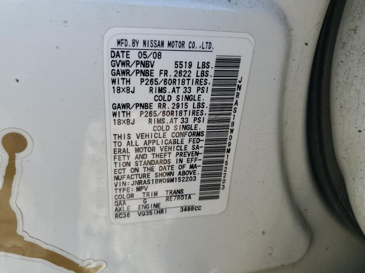 2009 Infiniti Fx35 VIN: JNRAS18W09M152203 Lot: 84789835