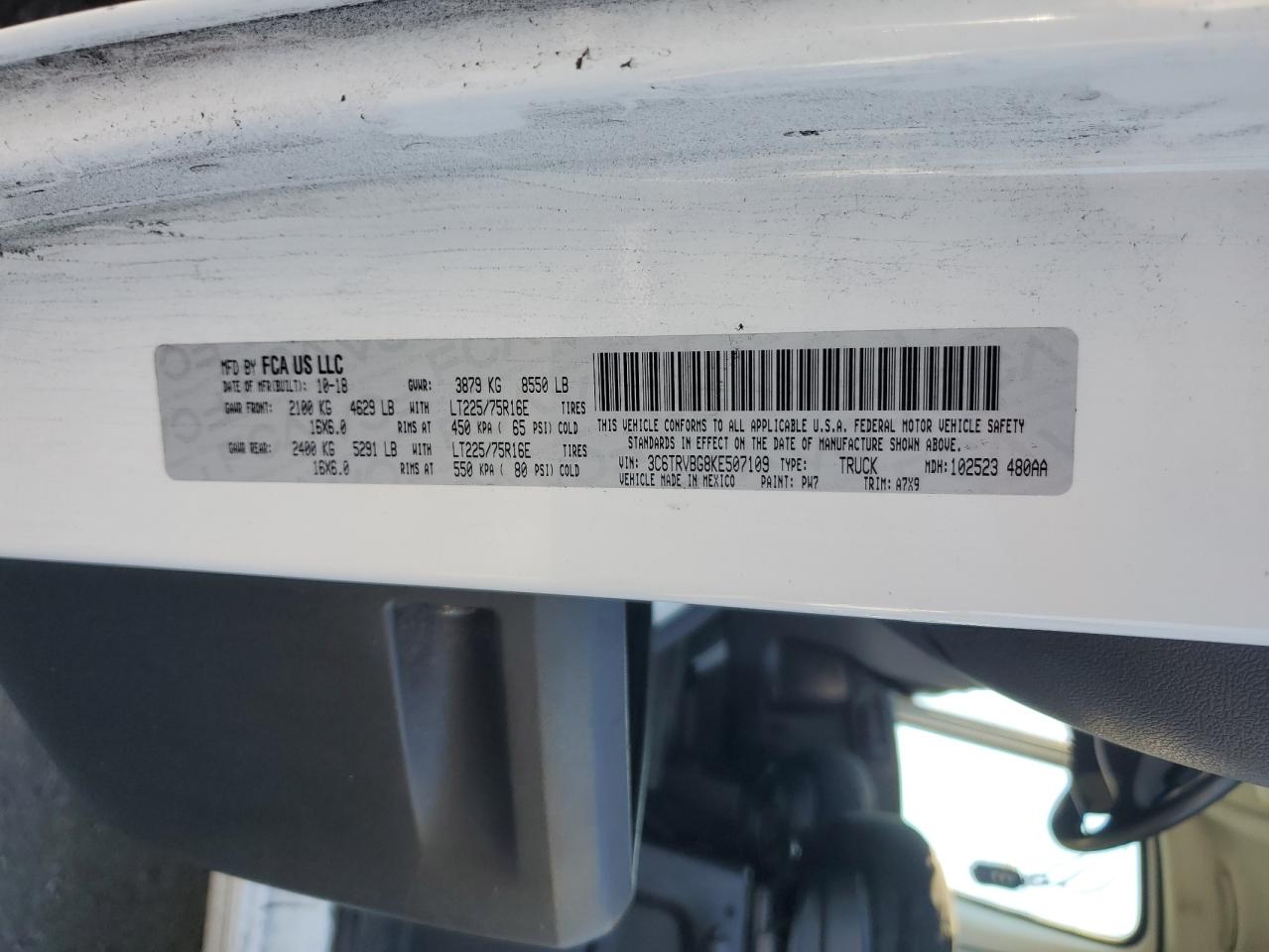 2019 Ram Promaster 1500 1500 High VIN: 3C6TRVBG8KE507109 Lot: 82493415