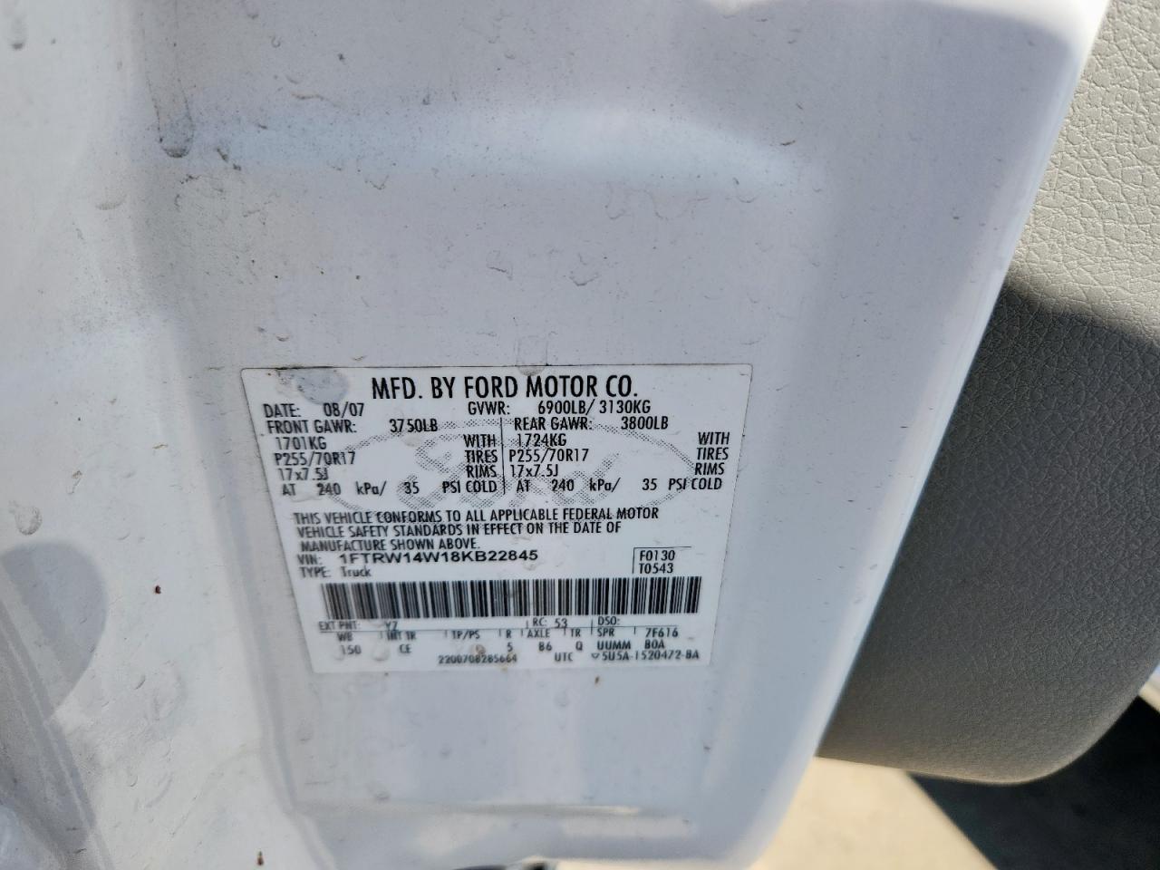 2008 Ford F150 Supercrew VIN: 1FTRW14W18KB22845 Lot: 86446305