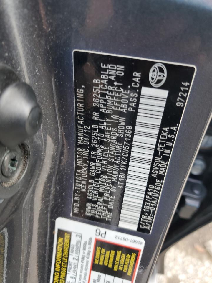 2012 Toyota Camry Base VIN: 4T1BF1FK7CU571368 Lot: 85784445