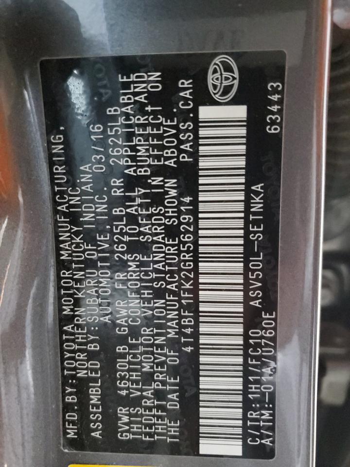 2016 Toyota Camry Le VIN: 4T4BF1FK2GR562914 Lot: 84449115