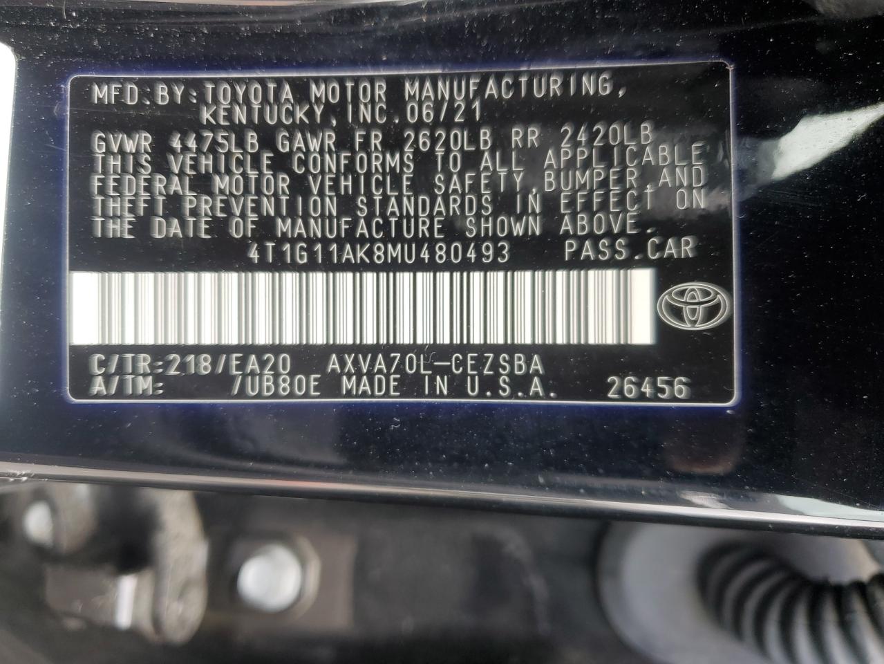 2021 Toyota Camry Se VIN: 4T1G11AK8MU480493 Lot: 86494175