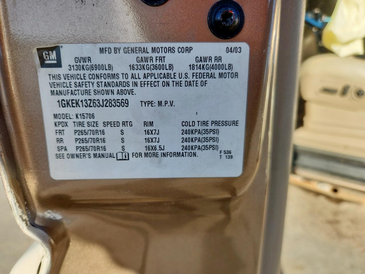 2003 GMC Yukon VIN: 1GKEK13Z63J283569 Lot: 90467205