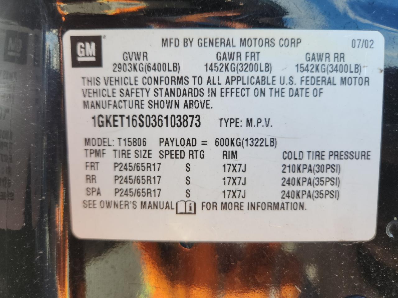 2003 GMC Envoy Xl VIN: 1GKET16S036103873 Lot: 84781775