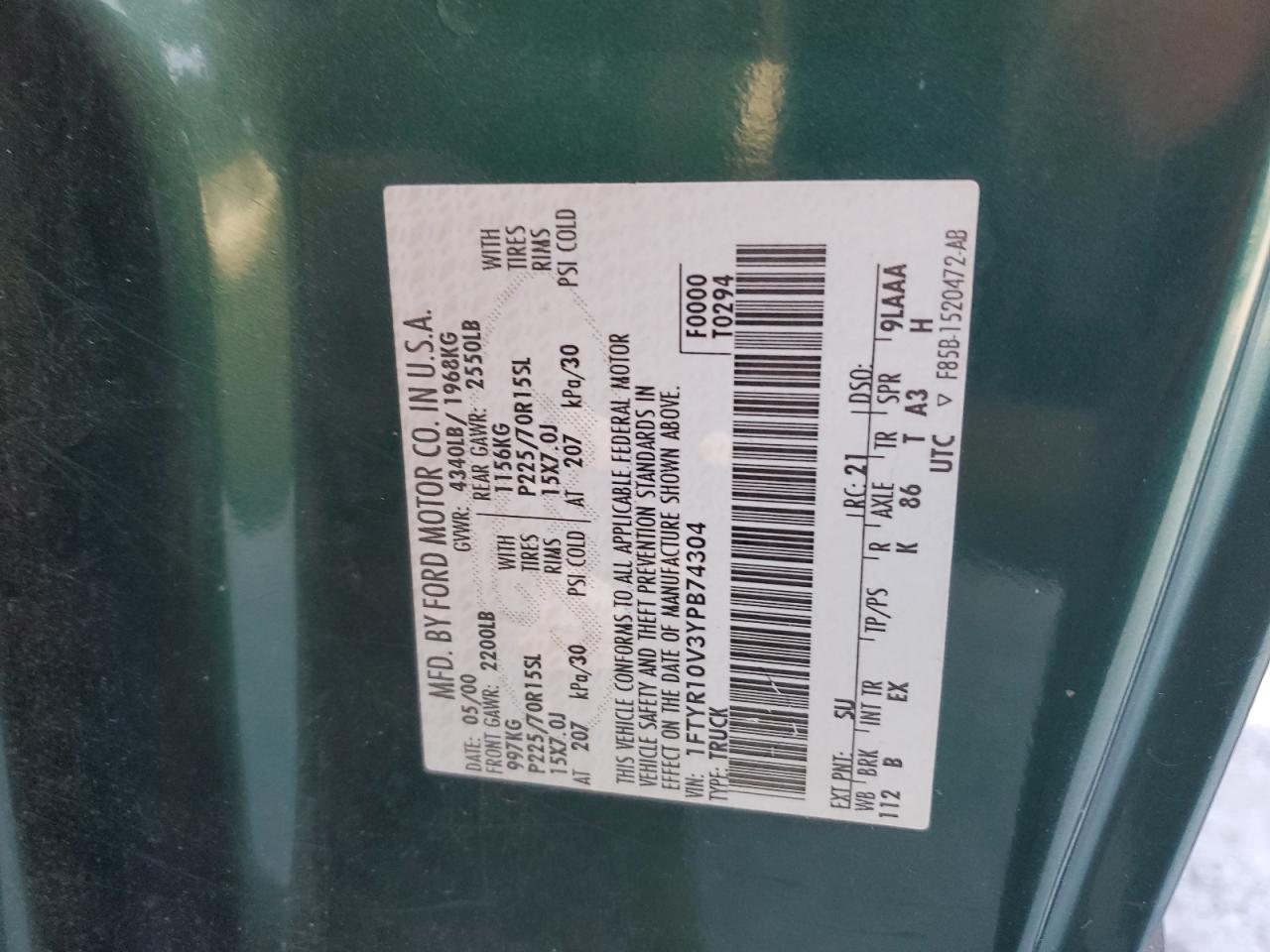 2000 Ford Ranger VIN: 1FTYR10V3YPB74304 Lot: 82416865