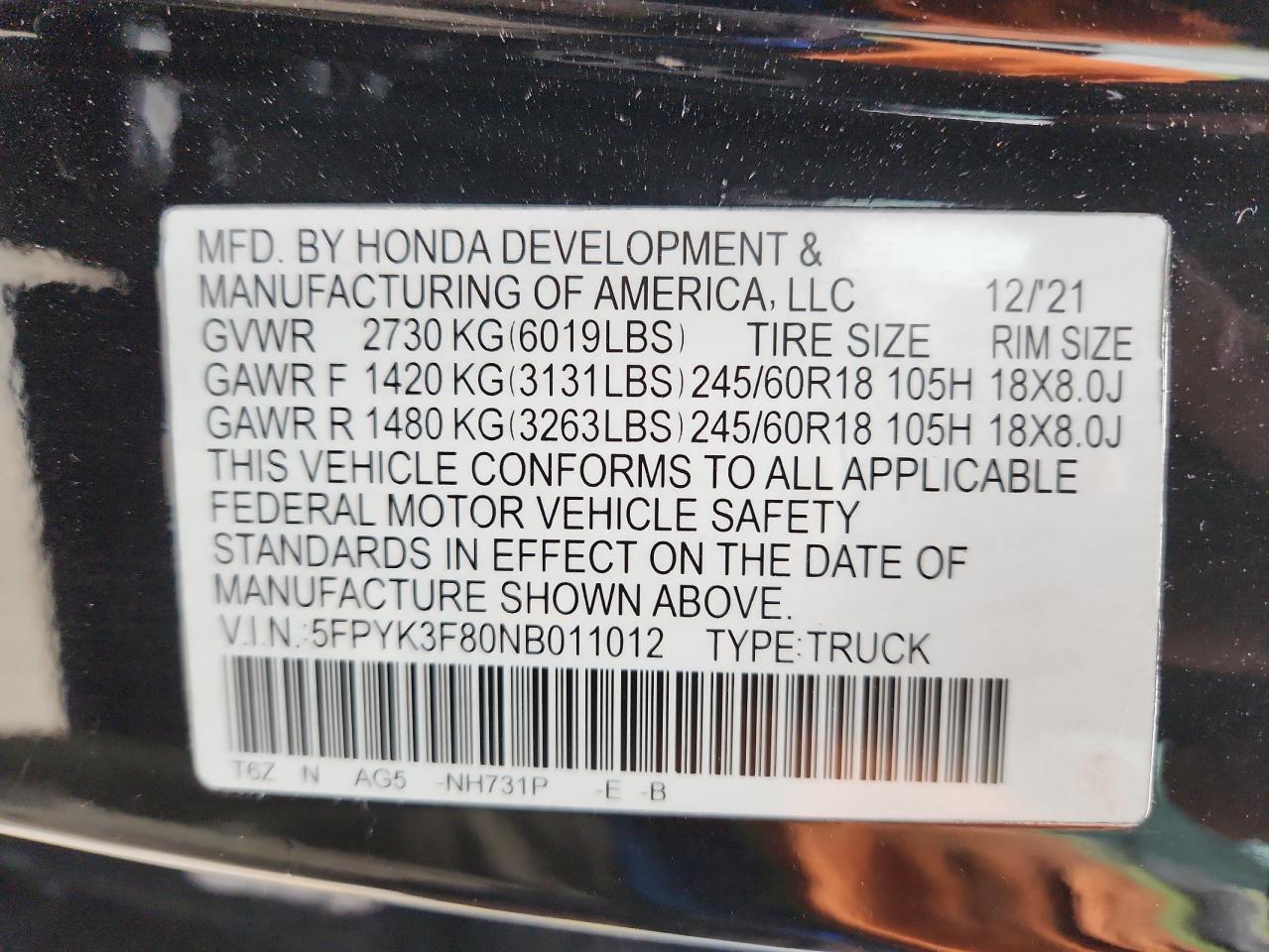 2022 Honda Ridgeline Black Edition VIN: 5FPYK3F80NB011012 Lot: 90291935