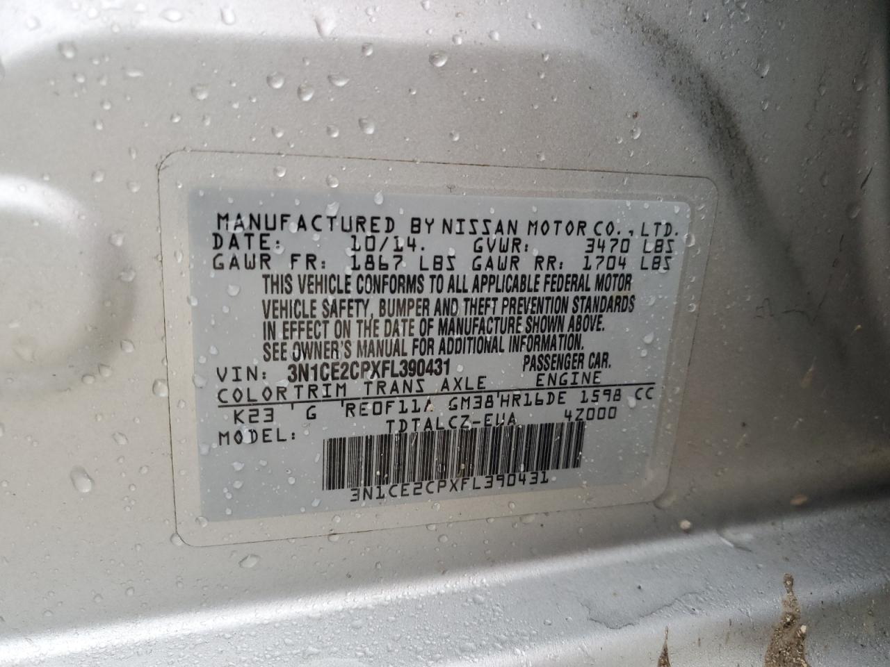 2015 Nissan Versa Note S VIN: 3N1CE2CPXFL390431 Lot: 82314435