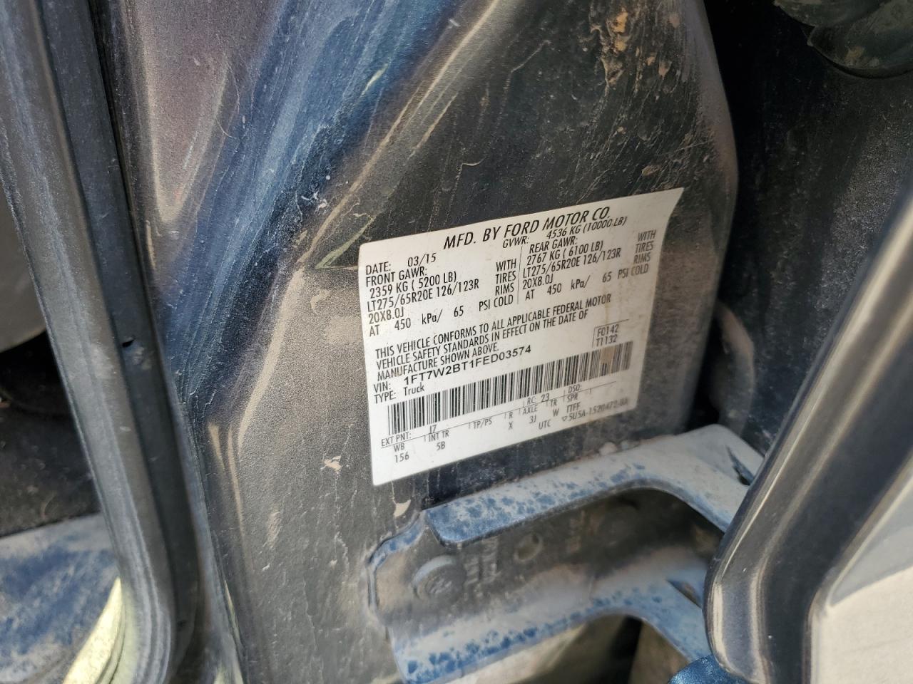 2015 Ford F250 Super Duty VIN: 1FT7W2BT1FED03574 Lot: 84808485