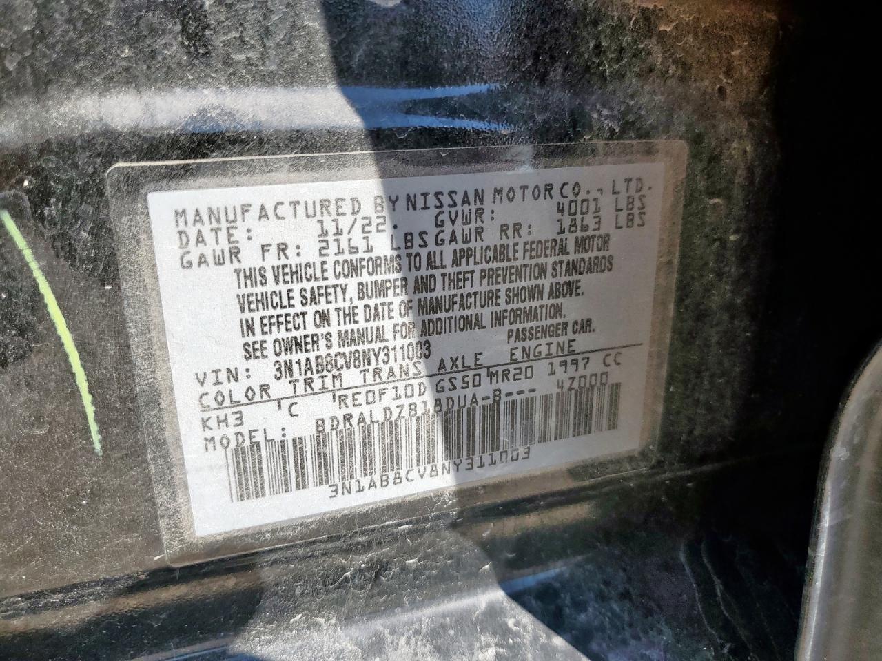 2022 Nissan Sentra Sv VIN: 3N1AB8CV8NY311003 Lot: 84811625