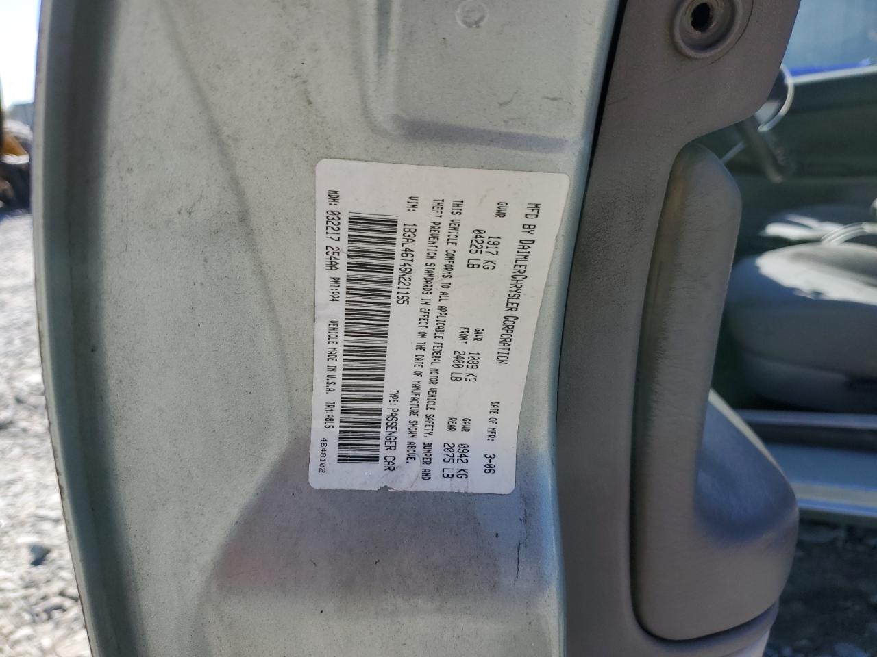 2006 Dodge Stratus Sxt VIN: 1B3AL46T46N221165 Lot: 84929085