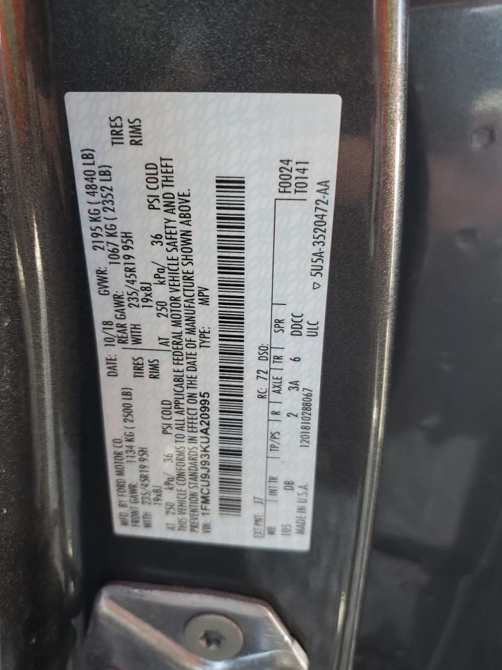 2019 Ford Escape Titanium VIN: 1FMCU9J93KUA20995 Lot: 86491145