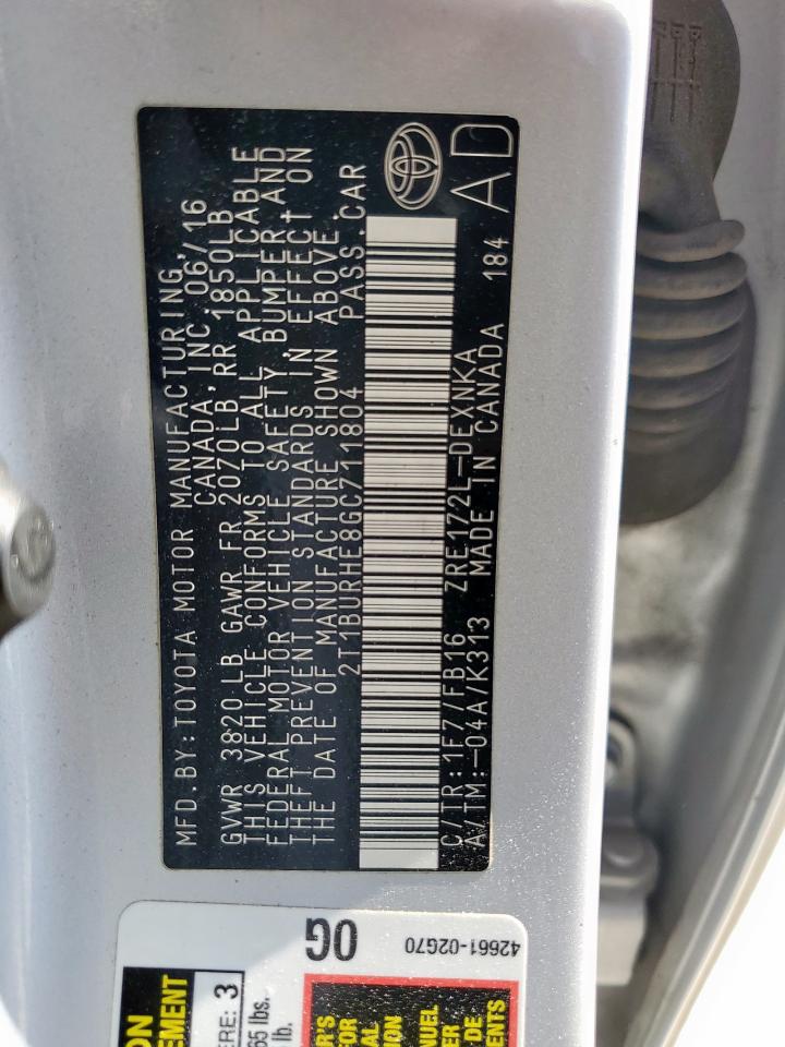 2016 Toyota Corolla L VIN: 2T1BURHE8GC711804 Lot: 84628385