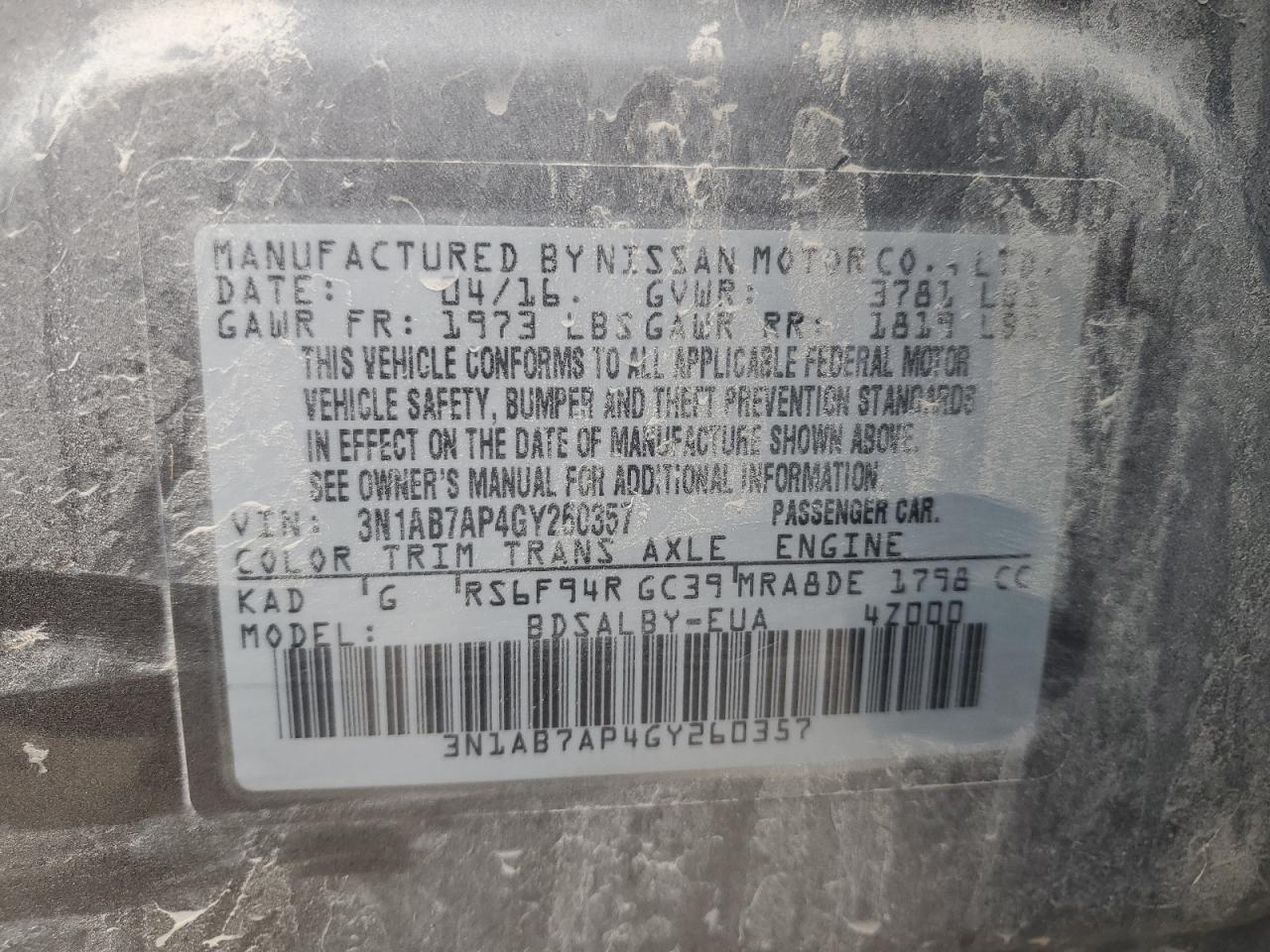 2016 Nissan Sentra S VIN: 3N1AB7AP4GY260357 Lot: 85100665