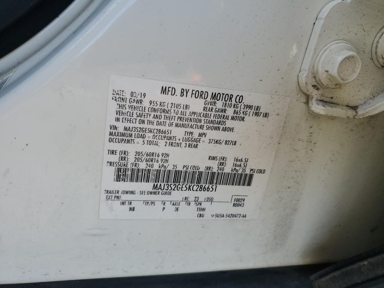 2019 Ford Ecosport Se VIN: MAJ3S2GE5KC286651 Lot: 85312305