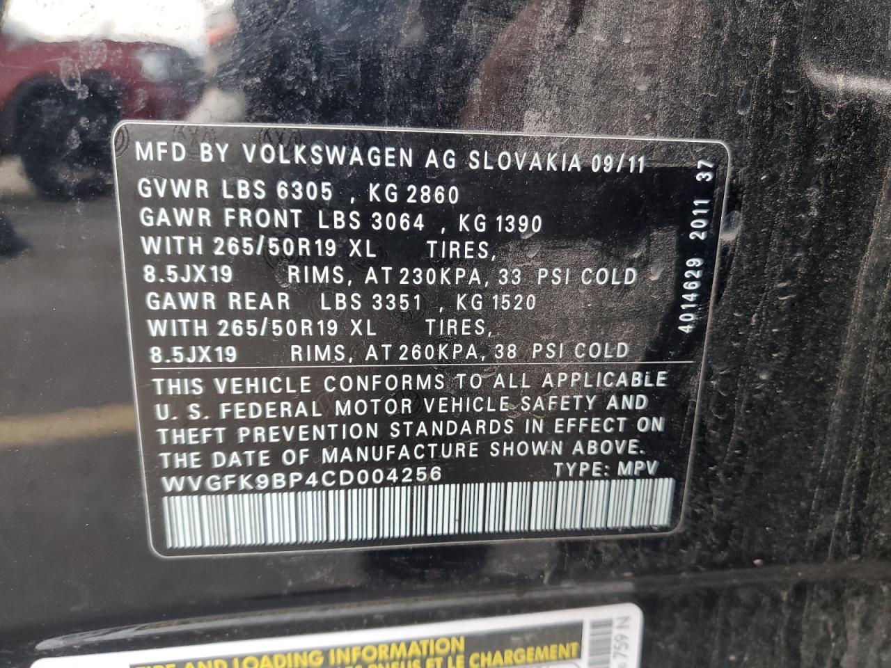 2012 Volkswagen Touareg V6 Tdi VIN: WVGFK9BP4CD004256 Lot: 85696235