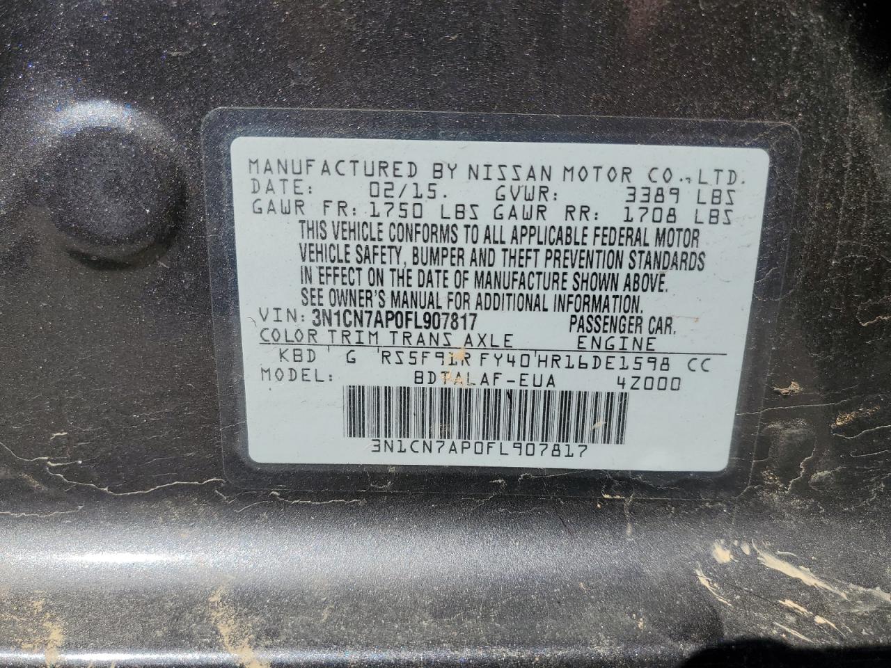 2015 Nissan Versa S VIN: 3N1CN7AP0FL907817 Lot: 84435985