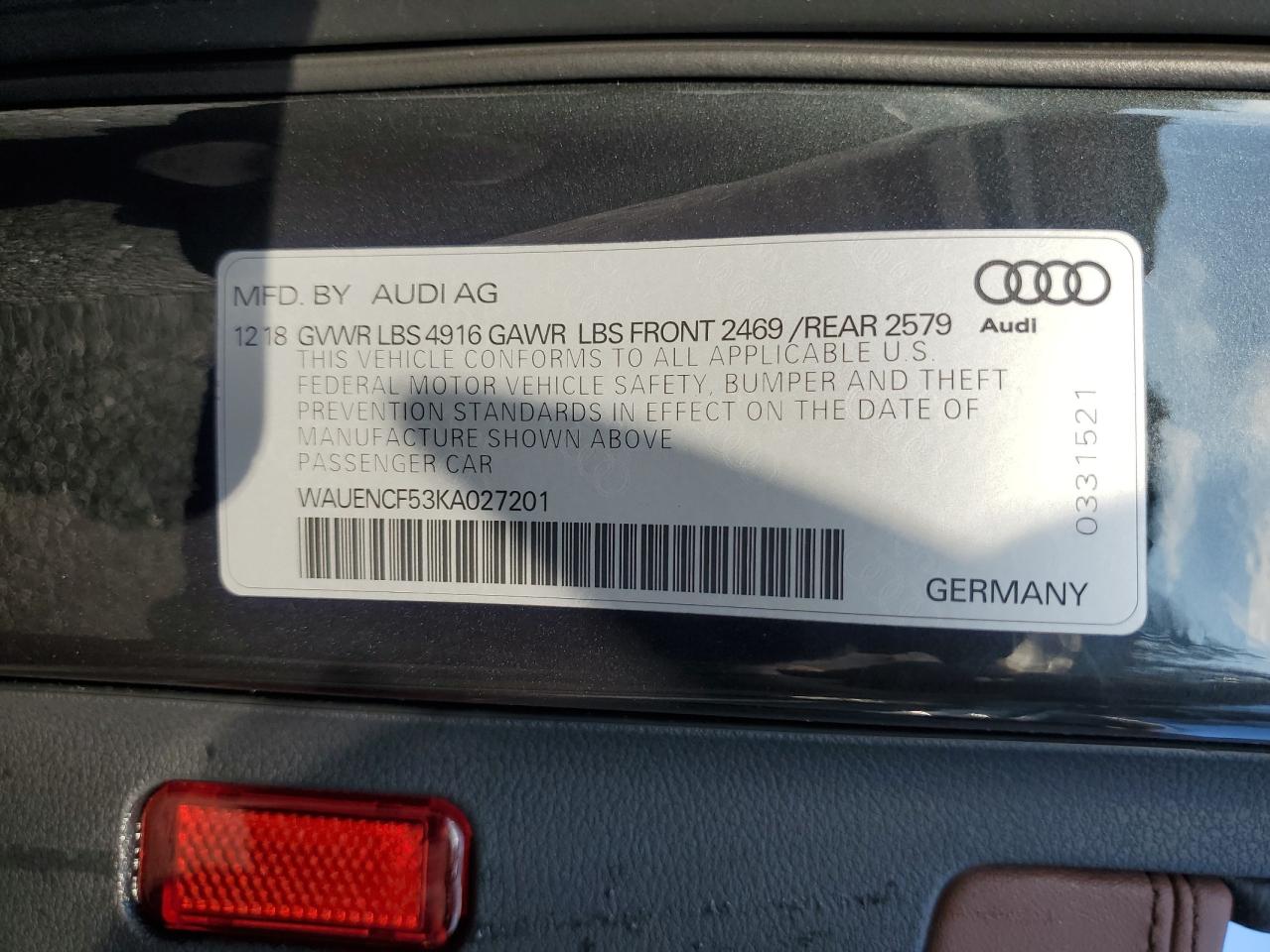 2019 Audi A5 Premium Plus S-Line VIN: WAUENCF53KA027201 Lot: 89467195