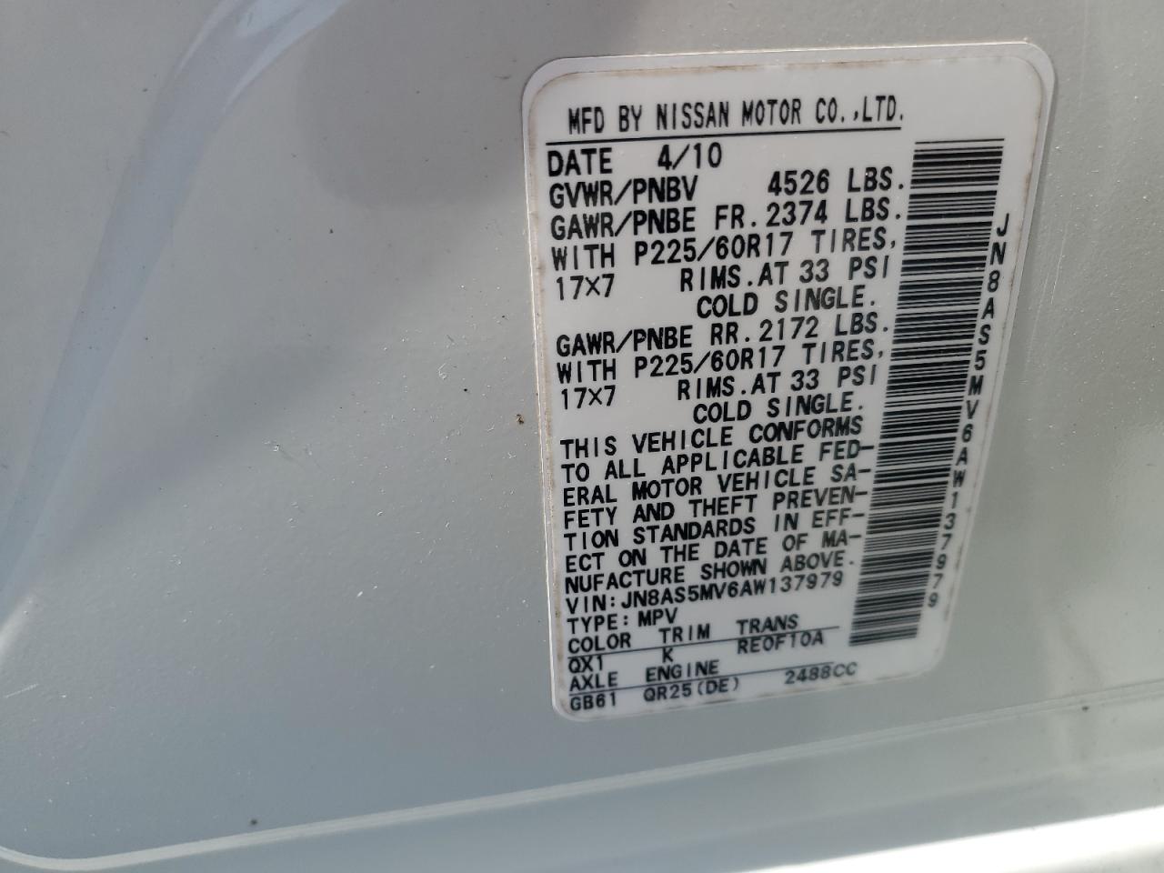 2010 Nissan Rogue S VIN: JN8AS5MV6AW137979 Lot: 85841765