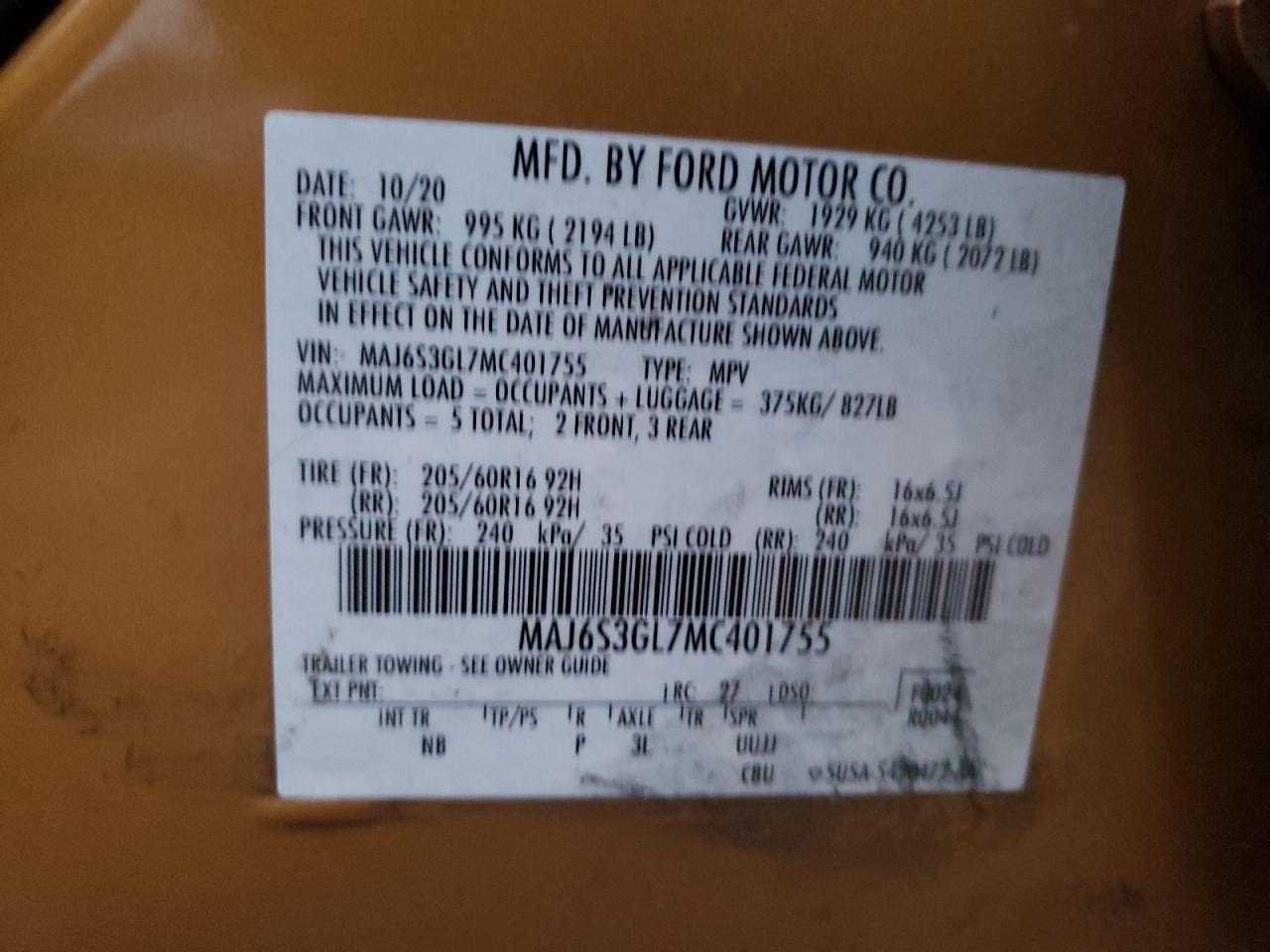 2021 Ford Ecosport Se VIN: MAJ6S3GL7MC401755 Lot: 90099265