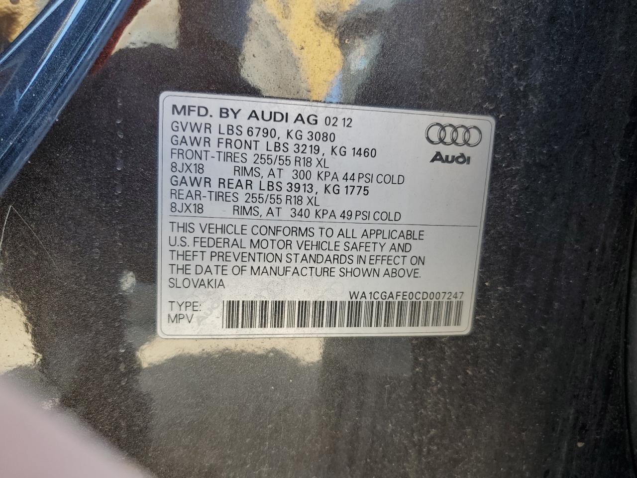 2012 Audi Q7 Premium VIN: WA1CGAFE0CD007247 Lot: 86241385