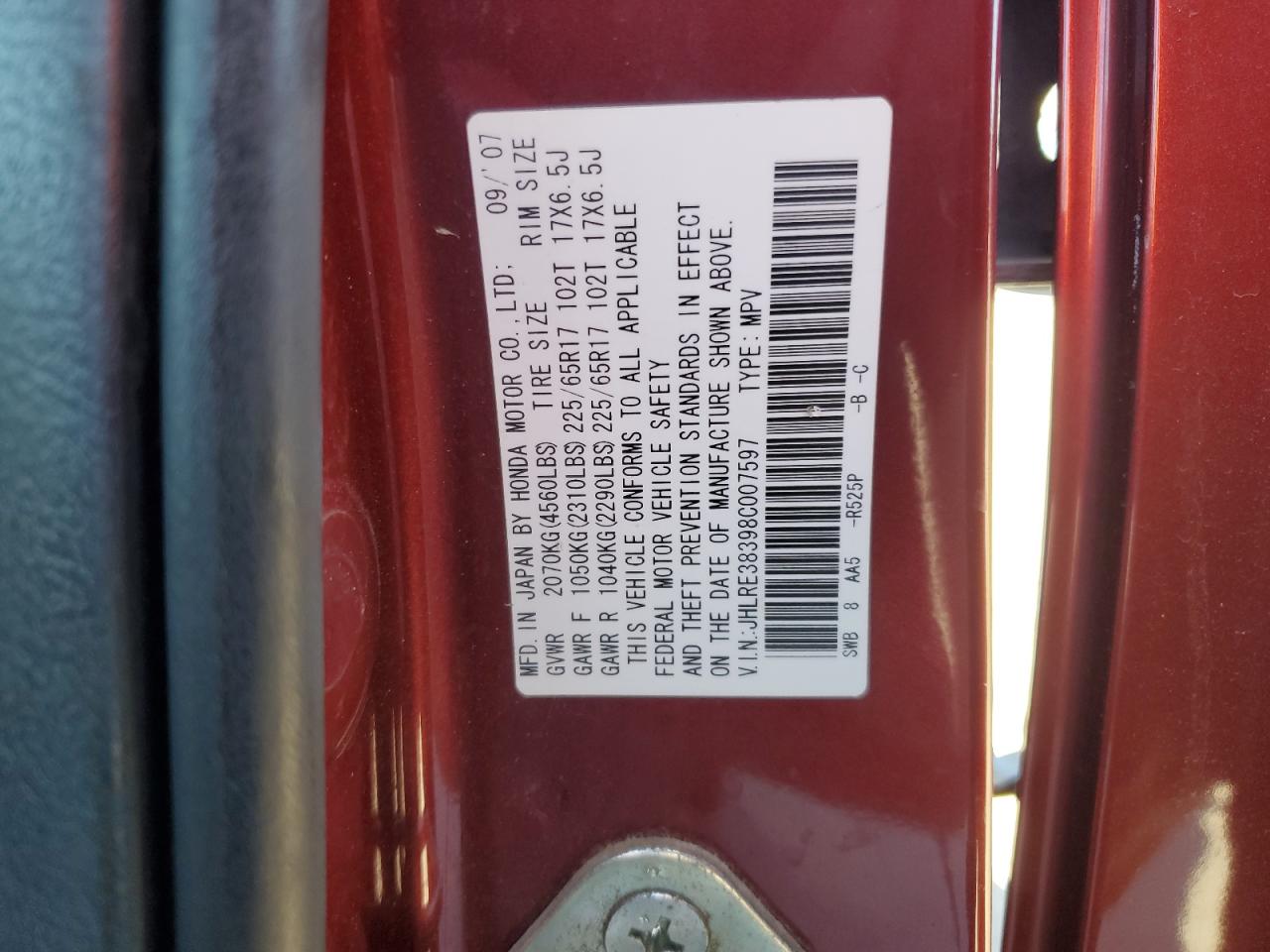 2008 Honda Cr-V Lx VIN: JHLRE38398C007597 Lot: 82404335