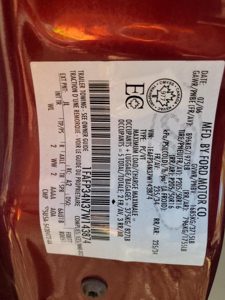 2007 Ford Focus Zx4 VIN: 1FAFP34N37W143874 Lot: 85643795