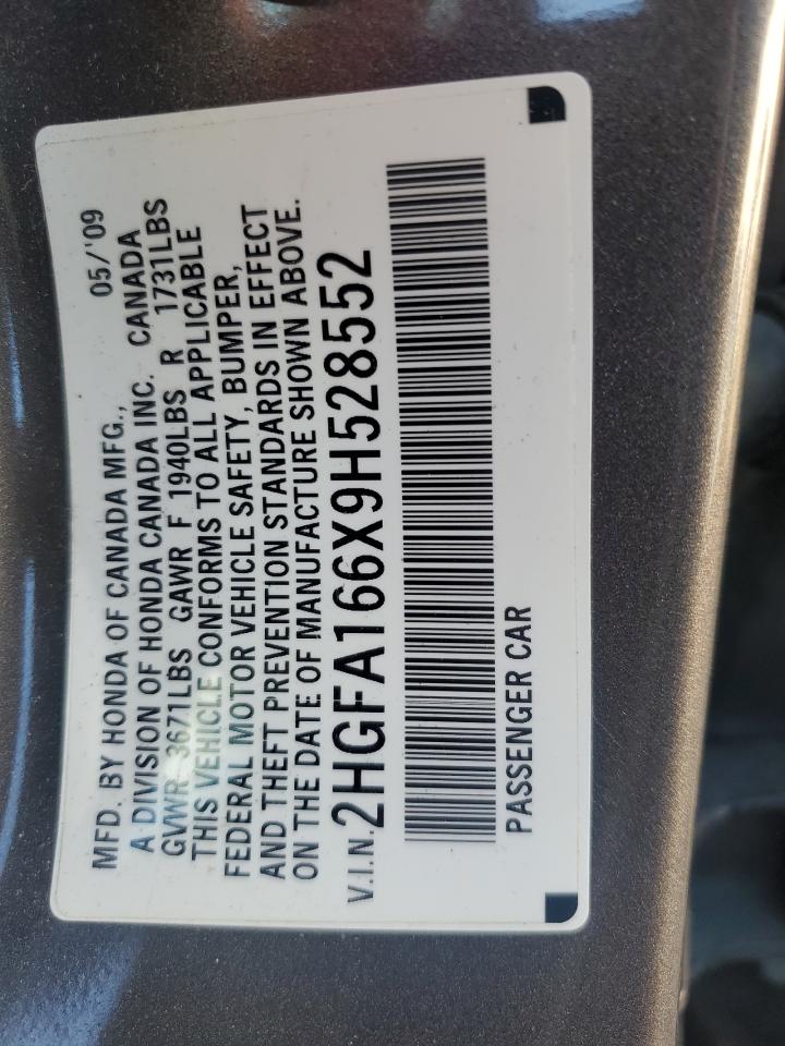 2009 Honda Civic Lx-S VIN: 2HGFA166X9H528552 Lot: 82063875