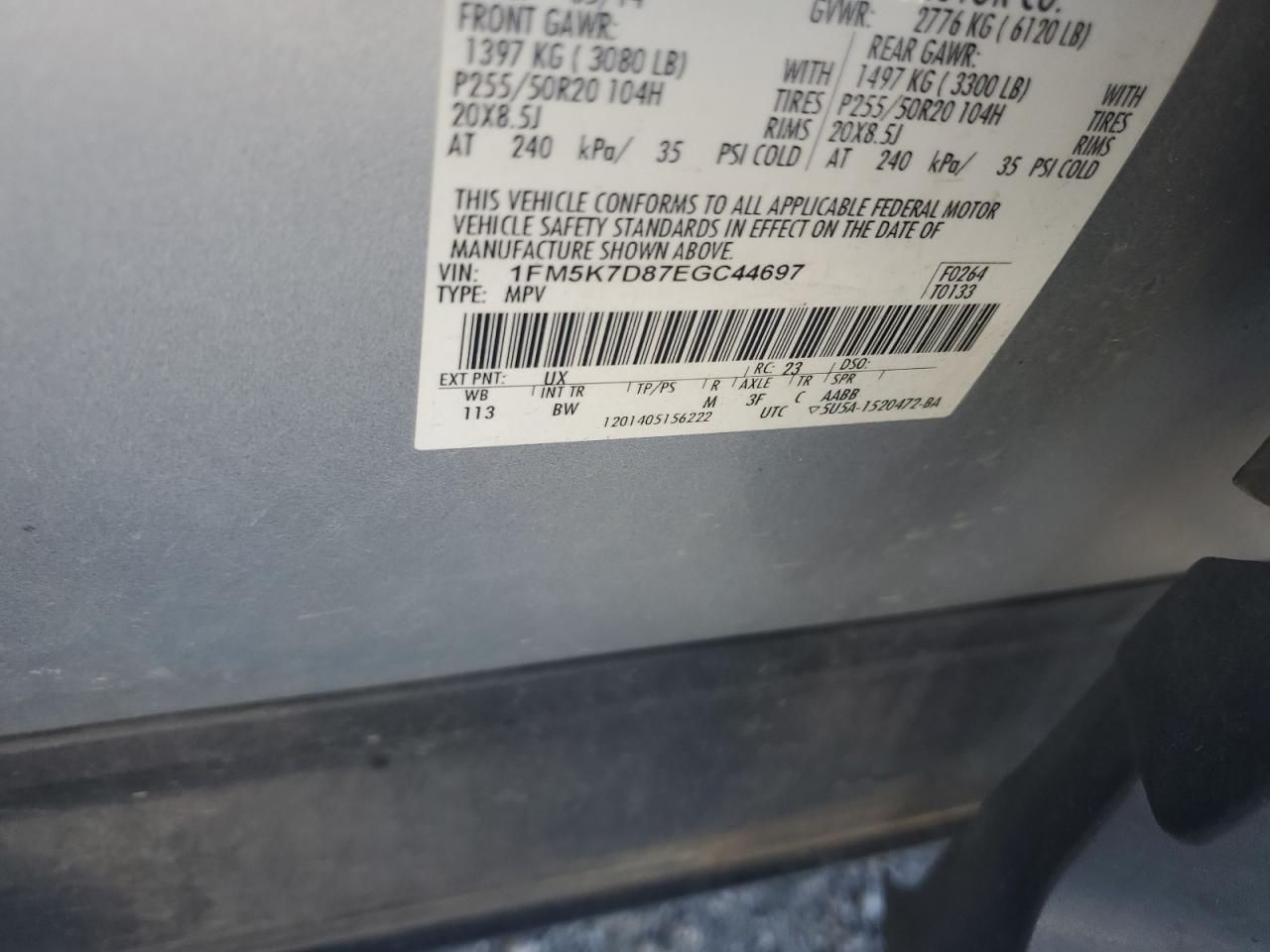 2014 Ford Explorer Xlt VIN: 1FM5K7D87EGC44697 Lot: 87468815