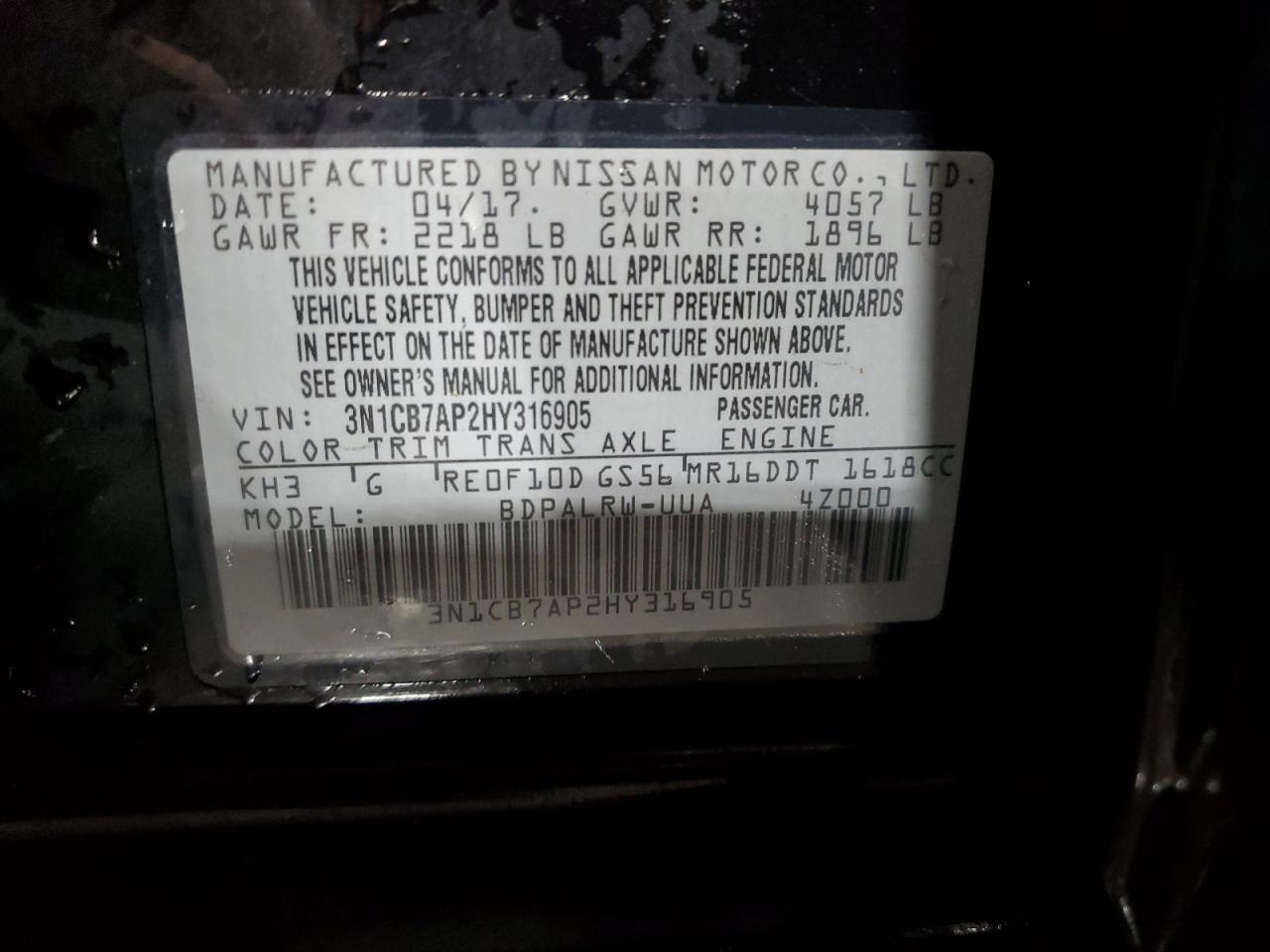 2017 Nissan Sentra Sr Turbo VIN: 3N1CB7AP2HY316905 Lot: 85510725