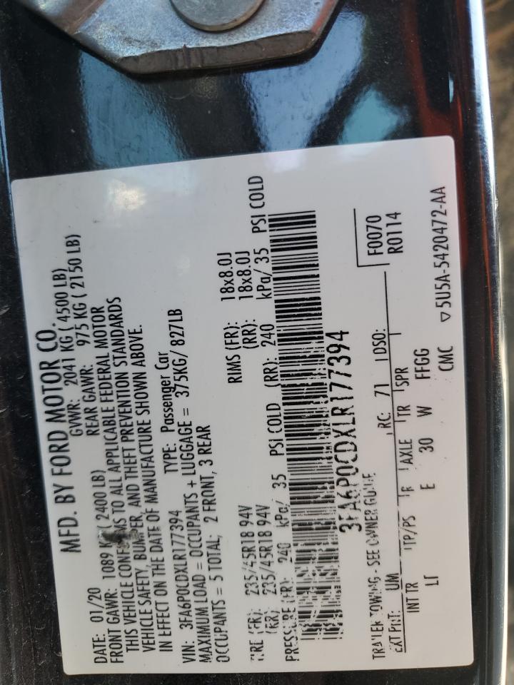 2020 Ford Fusion Sel VIN: 3FA6P0CDXLR177394 Lot: 86643365