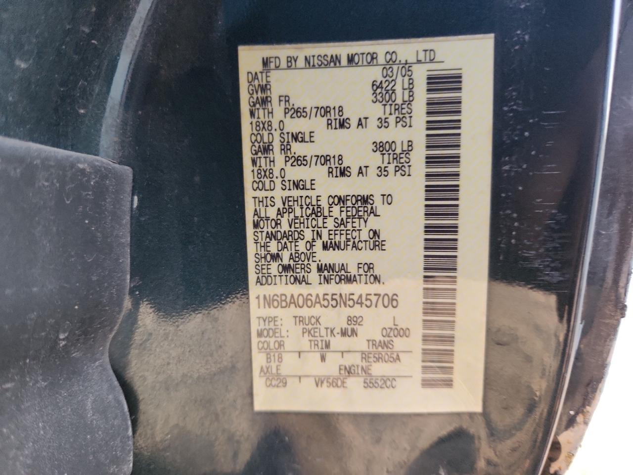 2005 Nissan Titan Xe VIN: 1N6BA06A55N545706 Lot: 87253115