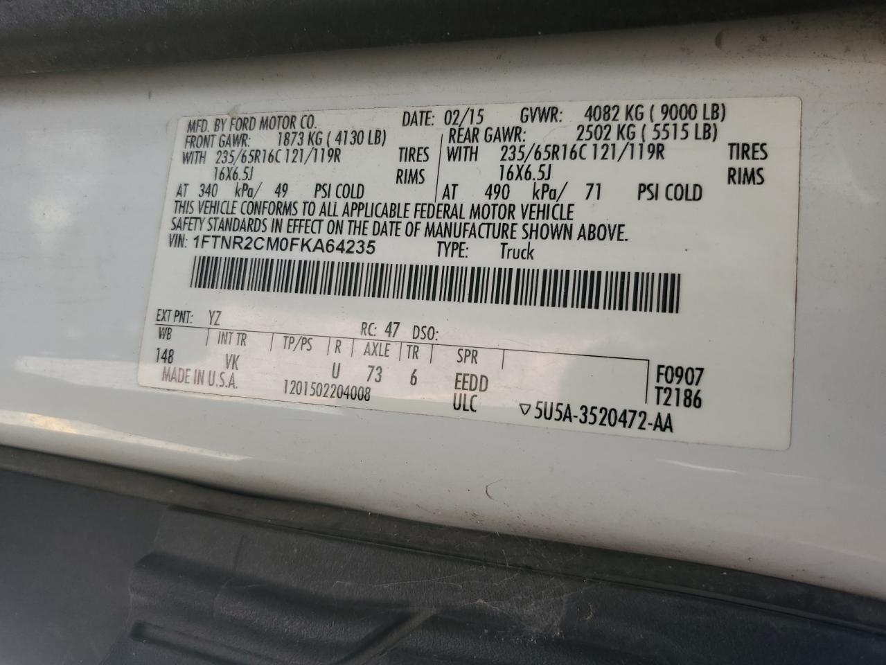 2015 Ford Transit T-250 VIN: 1FTNR2CM0FKA64235 Lot: 87411375