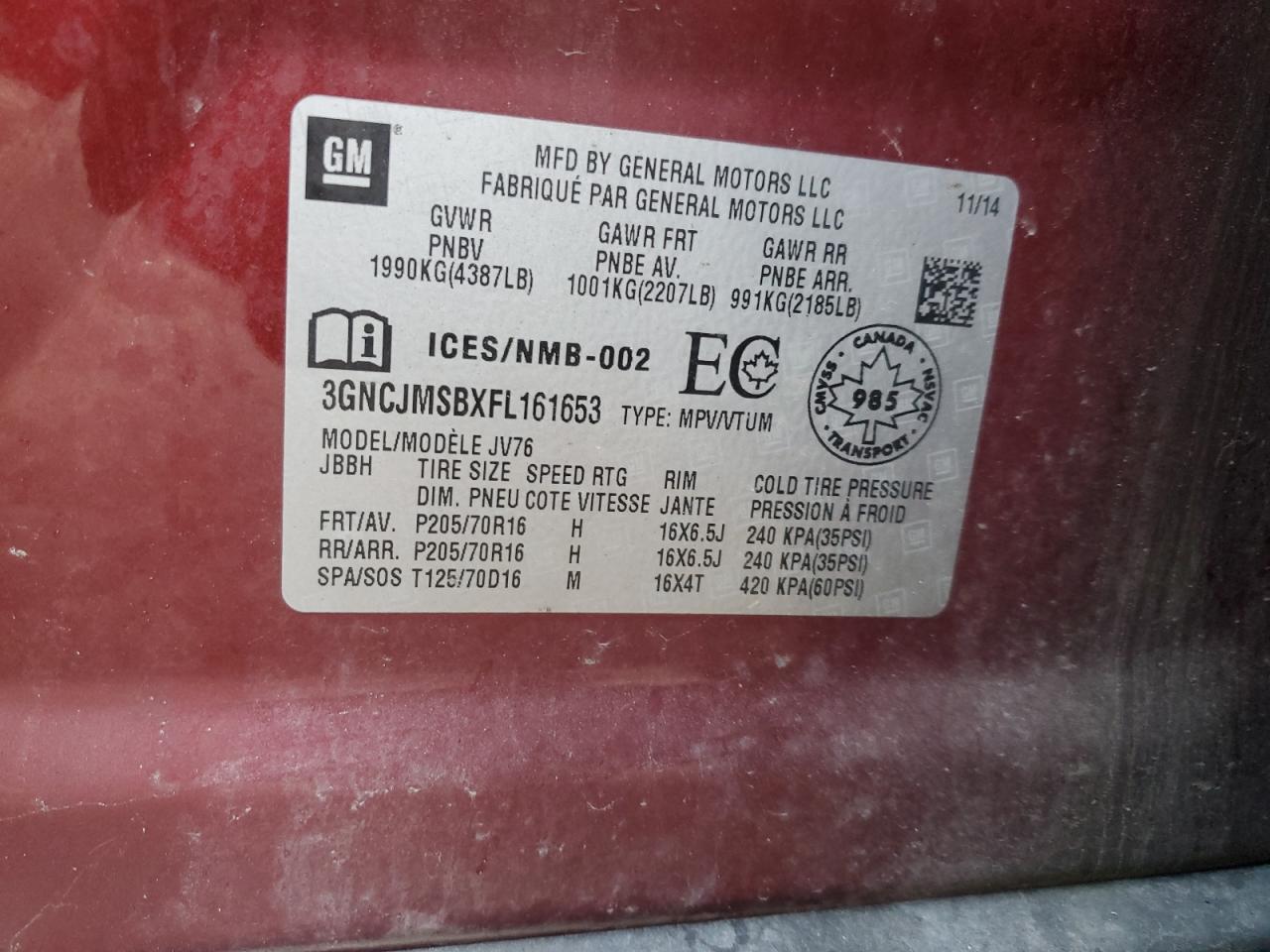 2015 Chevrolet Trax 2Lt VIN: 3GNCJMSBXFL161653 Lot: 86237355