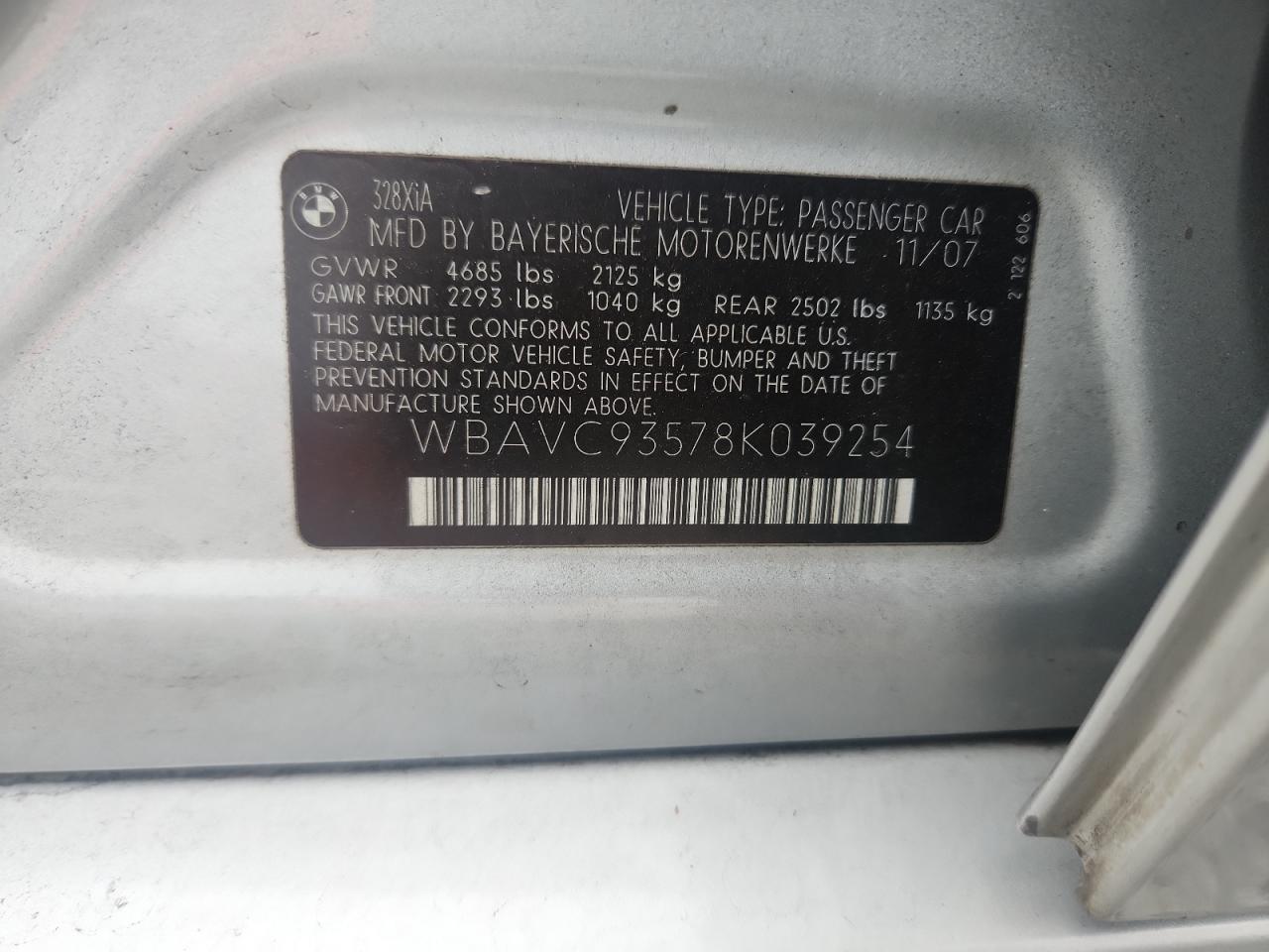 2008 BMW 328 Xi VIN: WBAVC93578K039254 Lot: 84738985