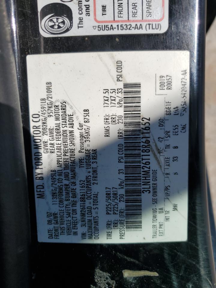 2008 Lincoln Mkz VIN: 3LNHM26T18R611652 Lot: 85476075