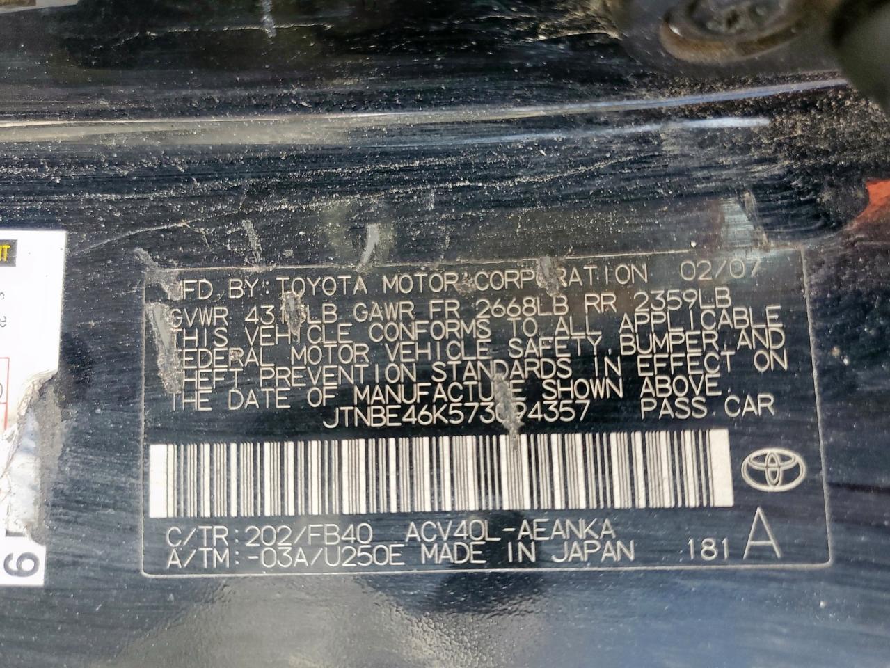 2007 Toyota Camry Ce VIN: JTNBE46K573094357 Lot: 84066825