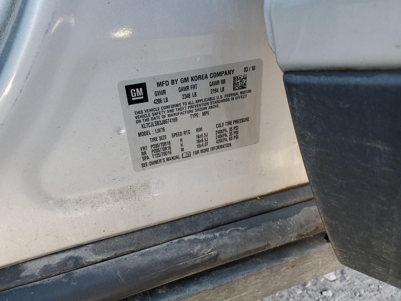 2018 Chevrolet Trax 1Lt VIN: KL7CJLSB3JB674169 Lot: 82727525