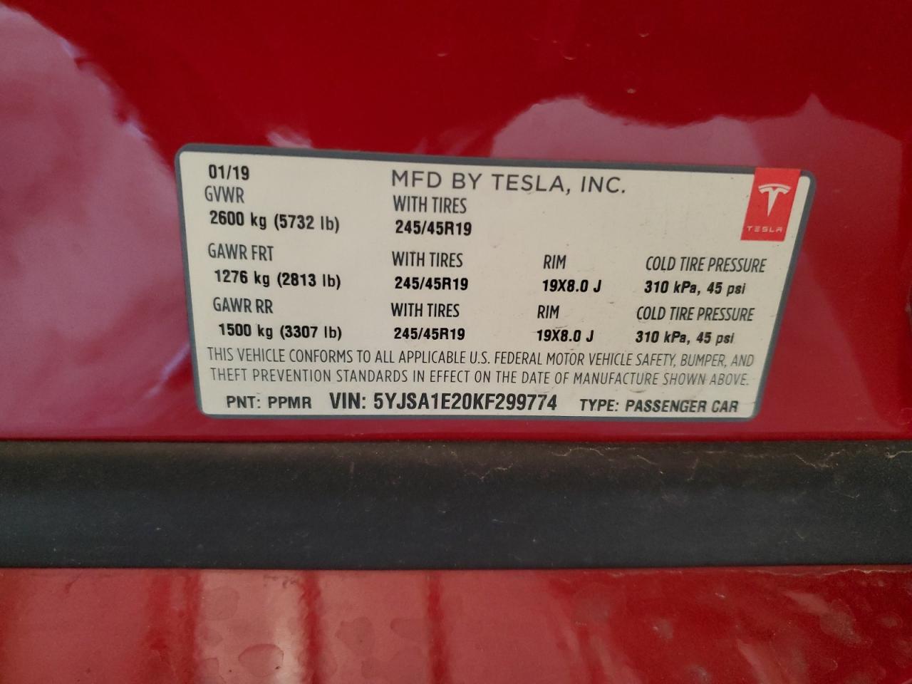 2019 Tesla Model S VIN: 5YJSA1E20KF299774 Lot: 82193065