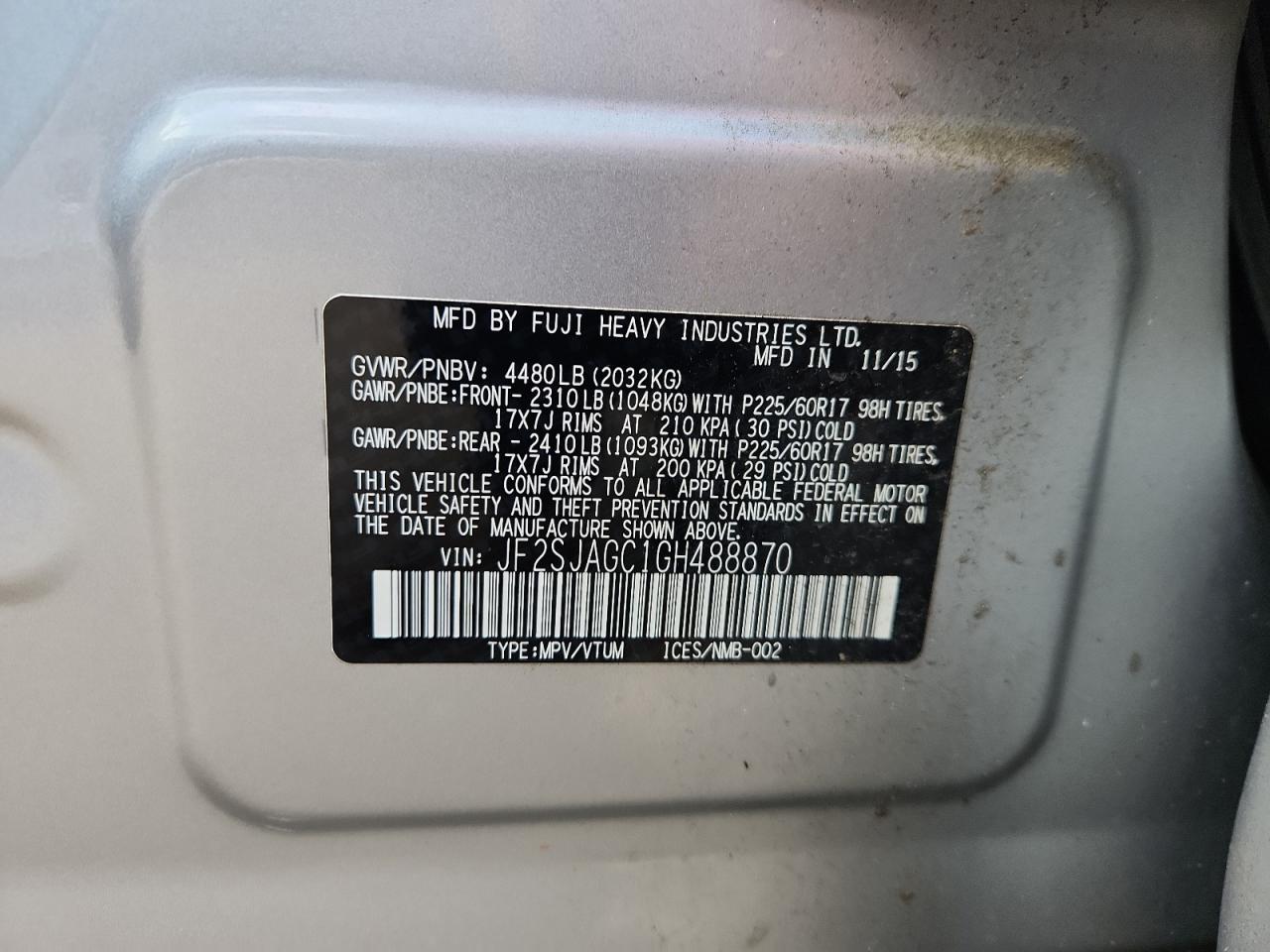 2016 Subaru Forester 2.5I Premium VIN: JF2SJAGC1GH488870 Lot: 84966155