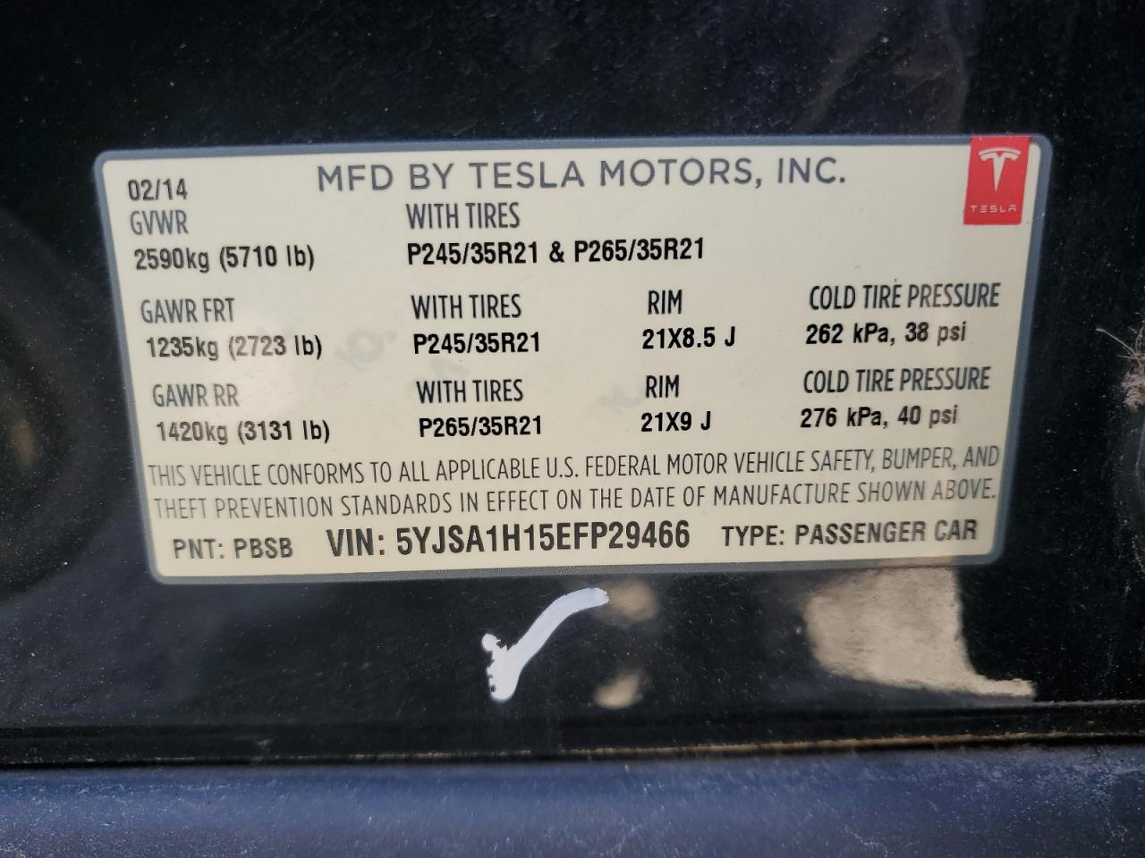 2014 Tesla Model S VIN: 5YJSA1H15EFP29466 Lot: 84605535