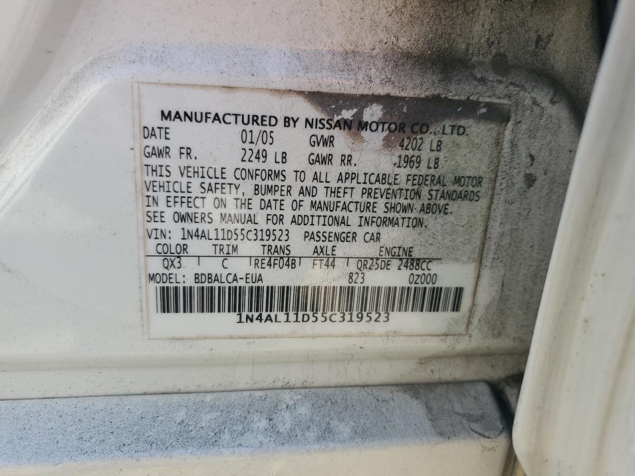 2005 Nissan Altima S VIN: 1N4AL11D55C319523 Lot: 85556185