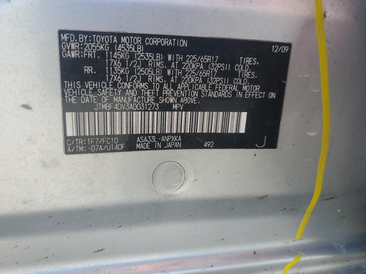 2010 Toyota Rav4 VIN: JTMBF4DV3AD031273 Lot: 89653935