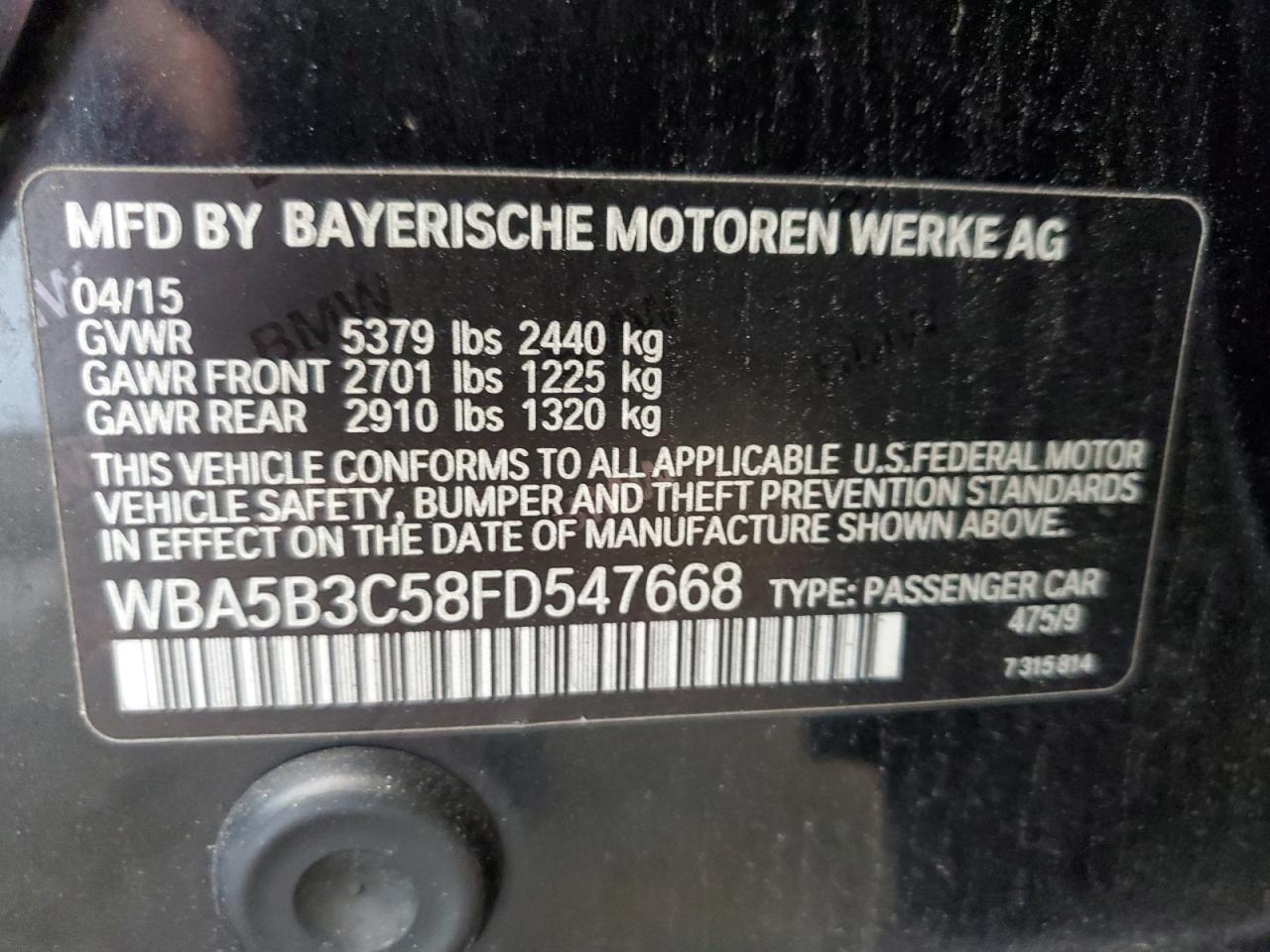 2015 BMW 535 Xi VIN: WBA5B3C58FD547668 Lot: 81261925