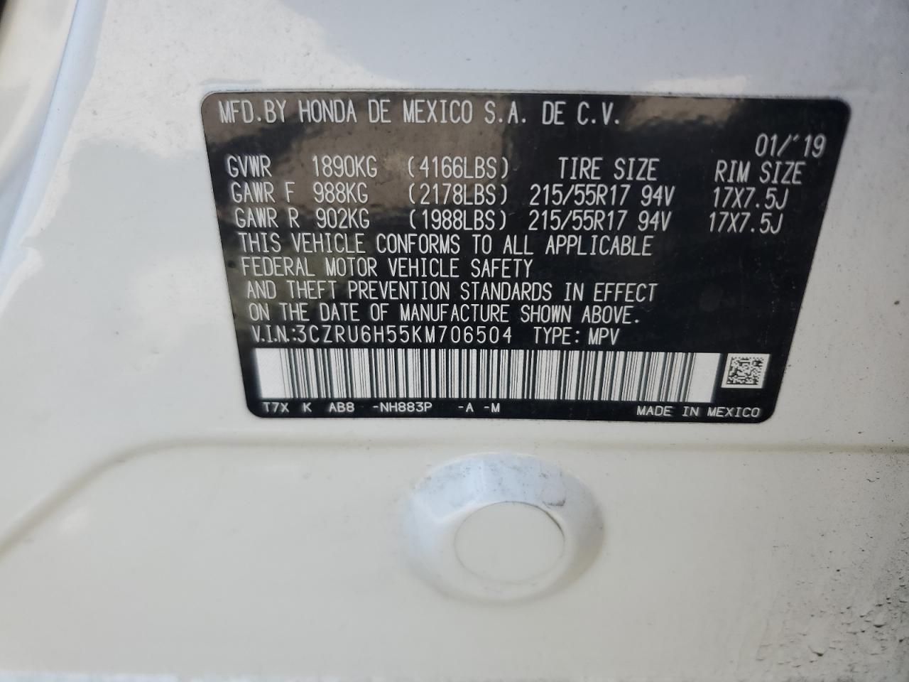 2019 Honda Hr-V Ex VIN: 3CZRU6H55KM706504 Lot: 82200455