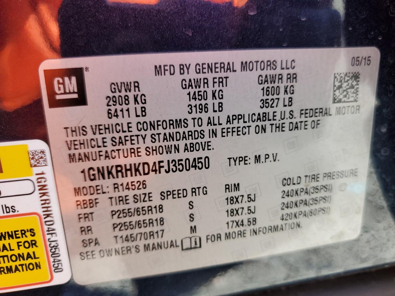 2015 Chevrolet Traverse Lt VIN: 1GNKRHKD4FJ350450 Lot: 86589455