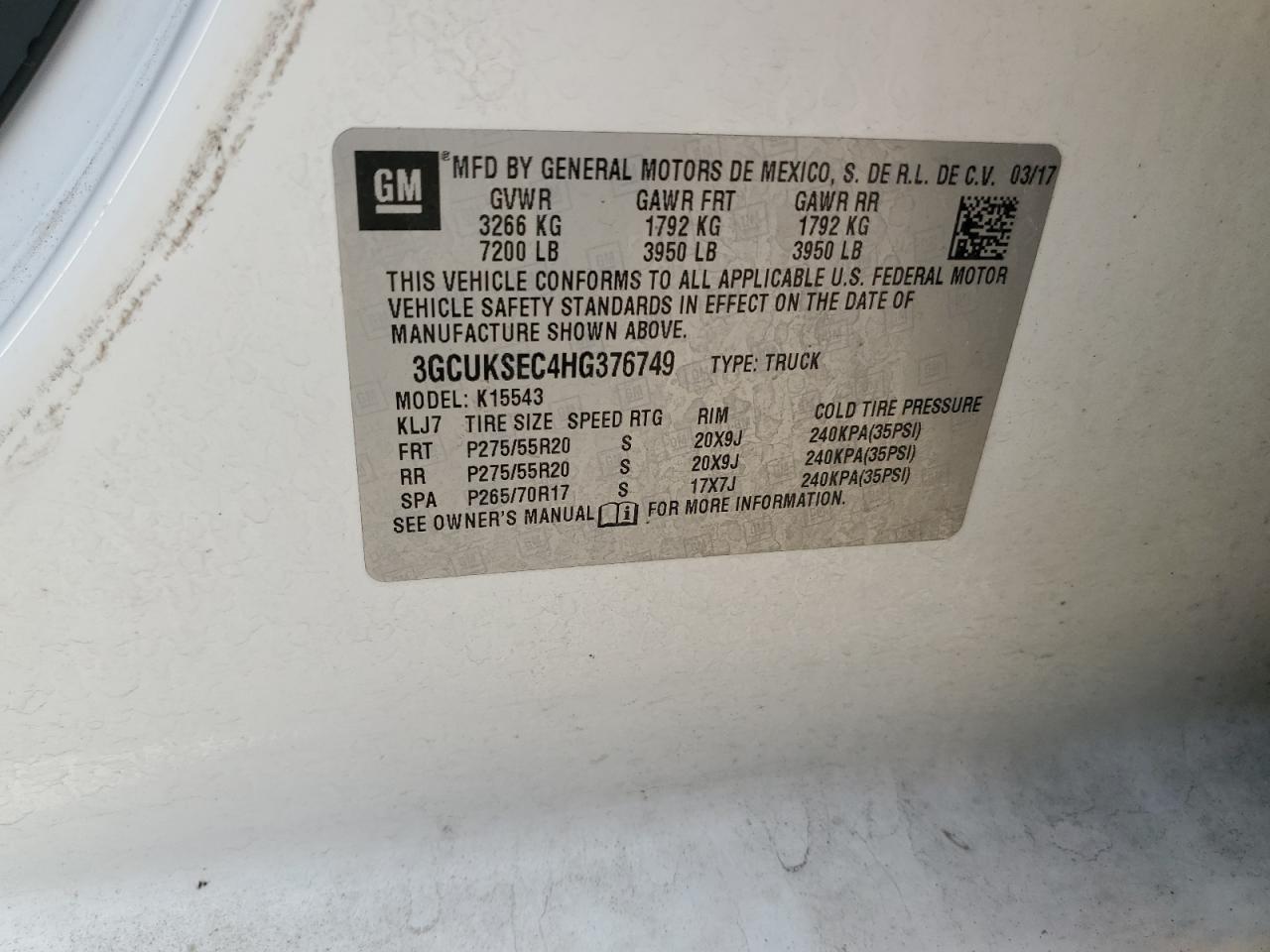 2017 Chevrolet Silverado K1500 Ltz VIN: 3GCUKSEC4HG376749 Lot: 86063375