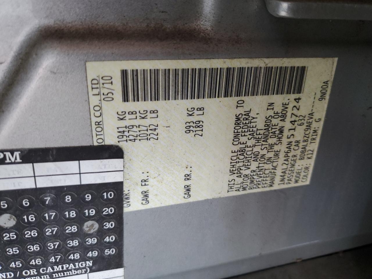 2010 Nissan Altima Base VIN: 1N4AL2AP6AN514724 Lot: 85376745